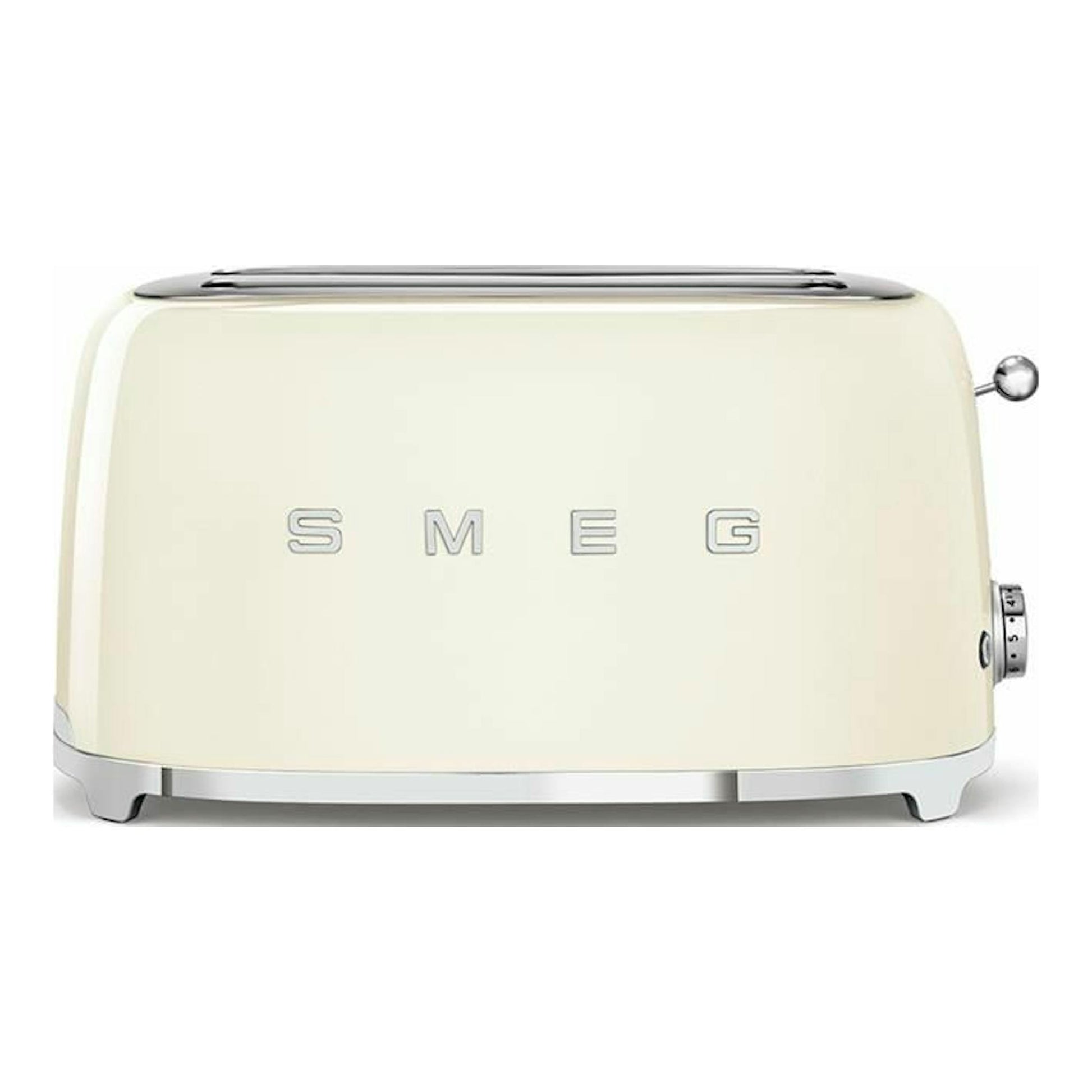 Tostador Smeg TSF02CREU crema, vista frontal, con dos ranuras y acabado metálico.