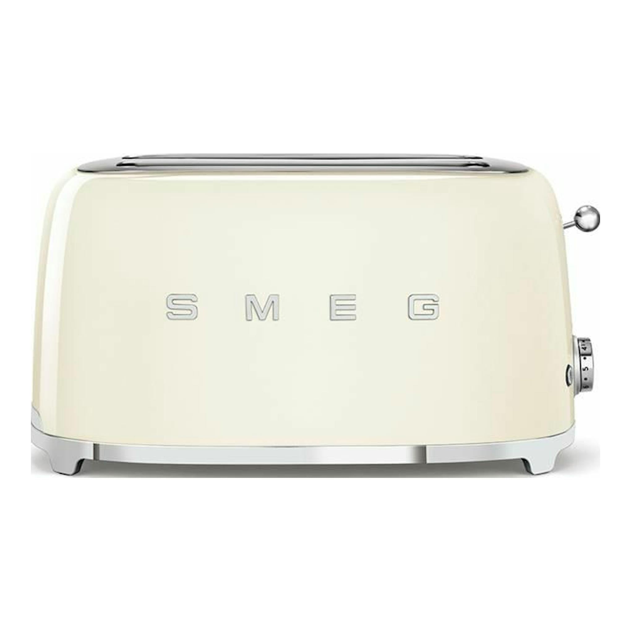 Tostador Smeg TSF02CREU crema, vista frontal, con dos ranuras y acabado metálico.