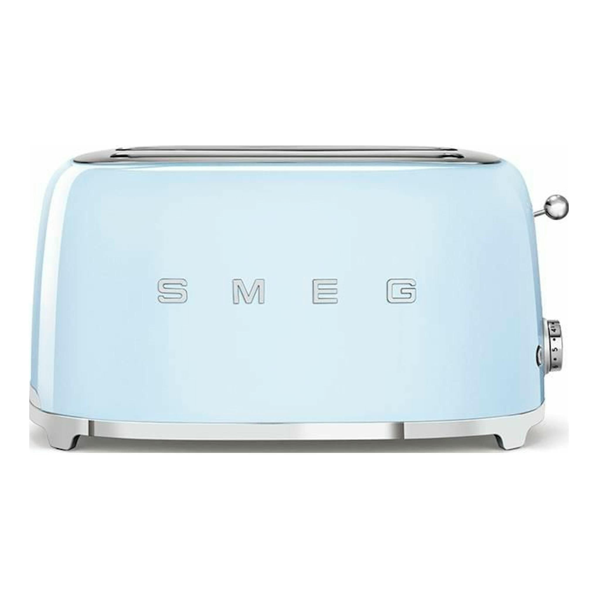Tostador Smeg TSF02PBEU azul celeste, vista frontal, con dos ranuras y detalles plateados.