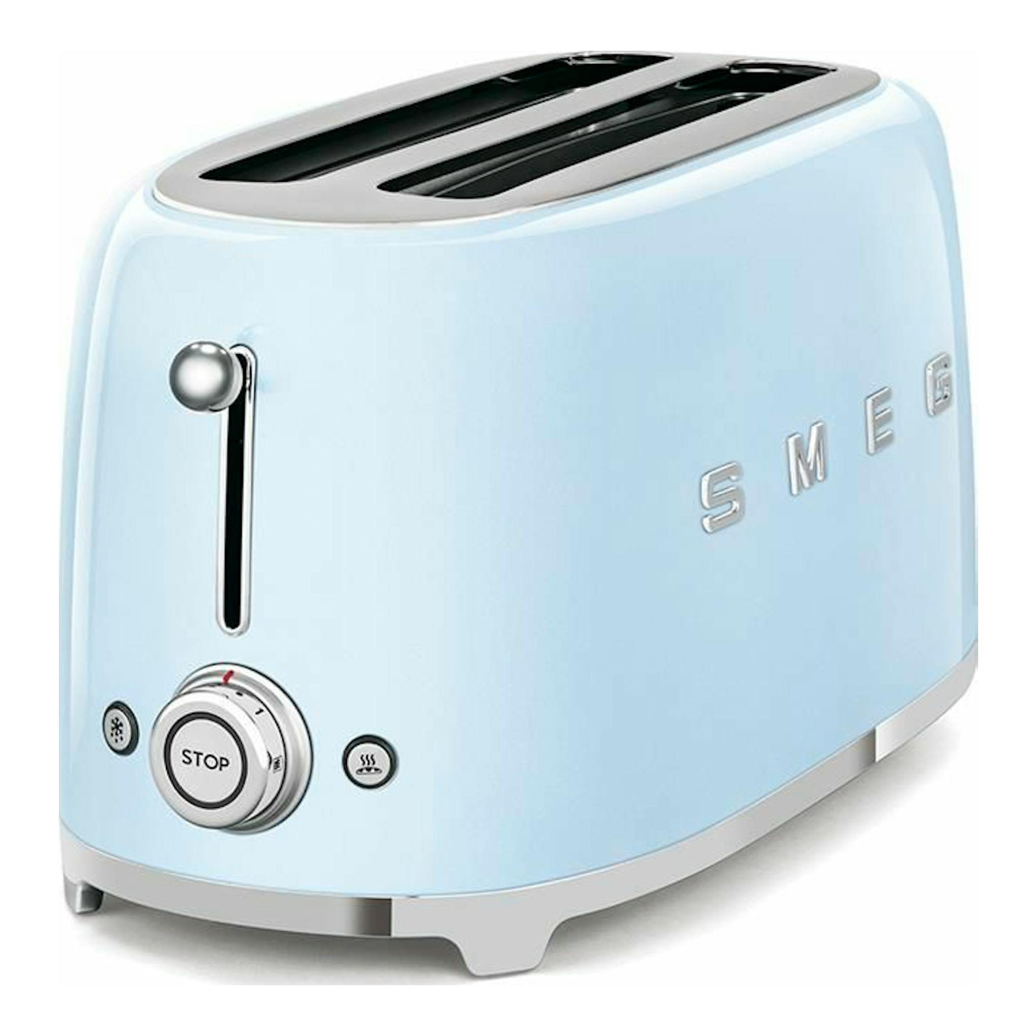 Tostador Smeg TSF02PBEU azul celeste, vista frontal en ángulo, con dos ranuras y controles cromados.