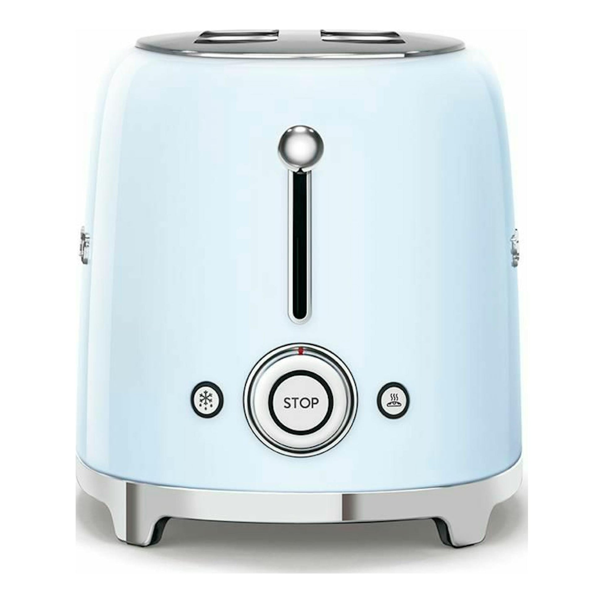 Tostador Smeg TSF02PBEU azul celeste, vista frontal, con dos ranuras y controles plateados.