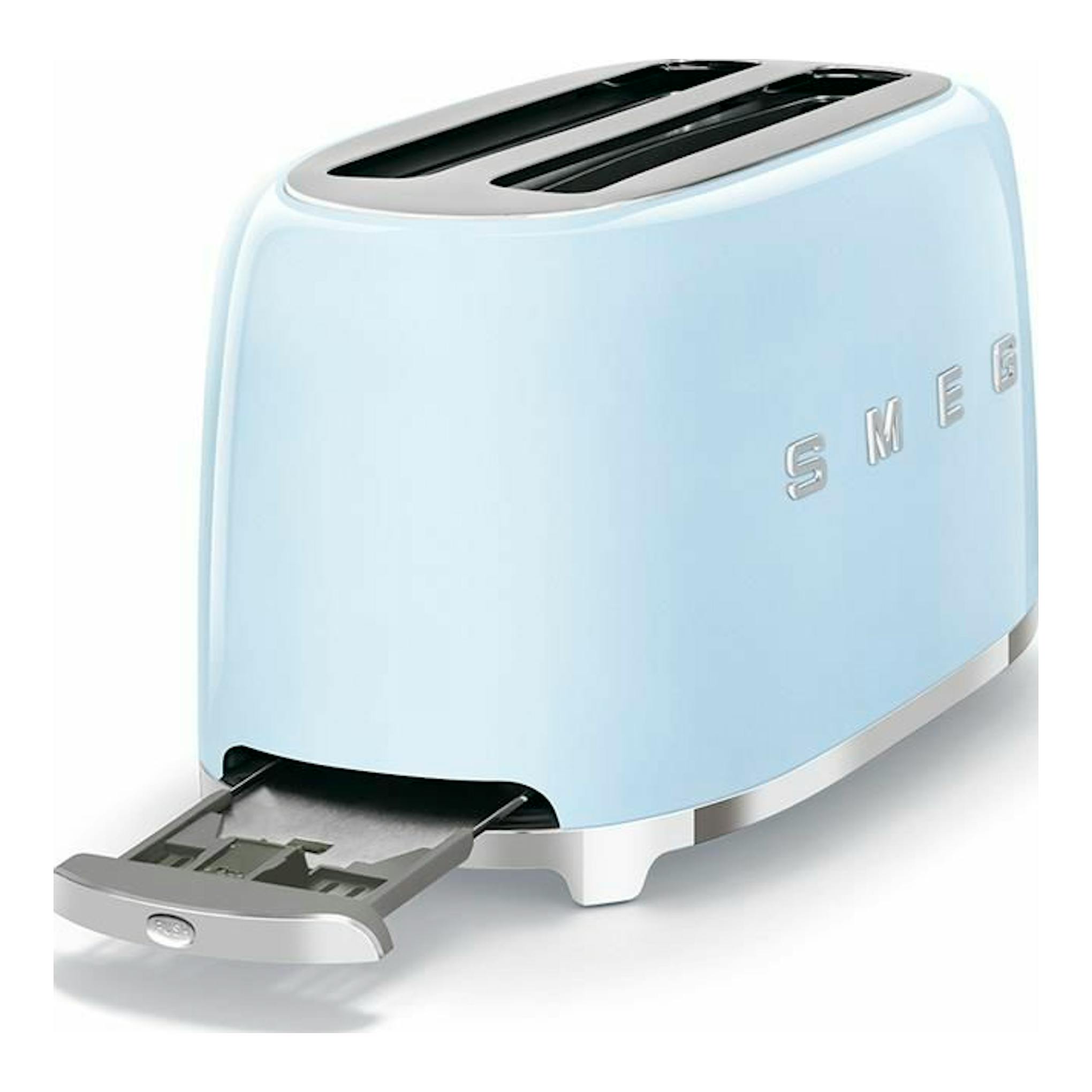Tostador Smeg TSF02 azul celeste, vista frontal en tres cuartos, con bandeja inferior abierta.