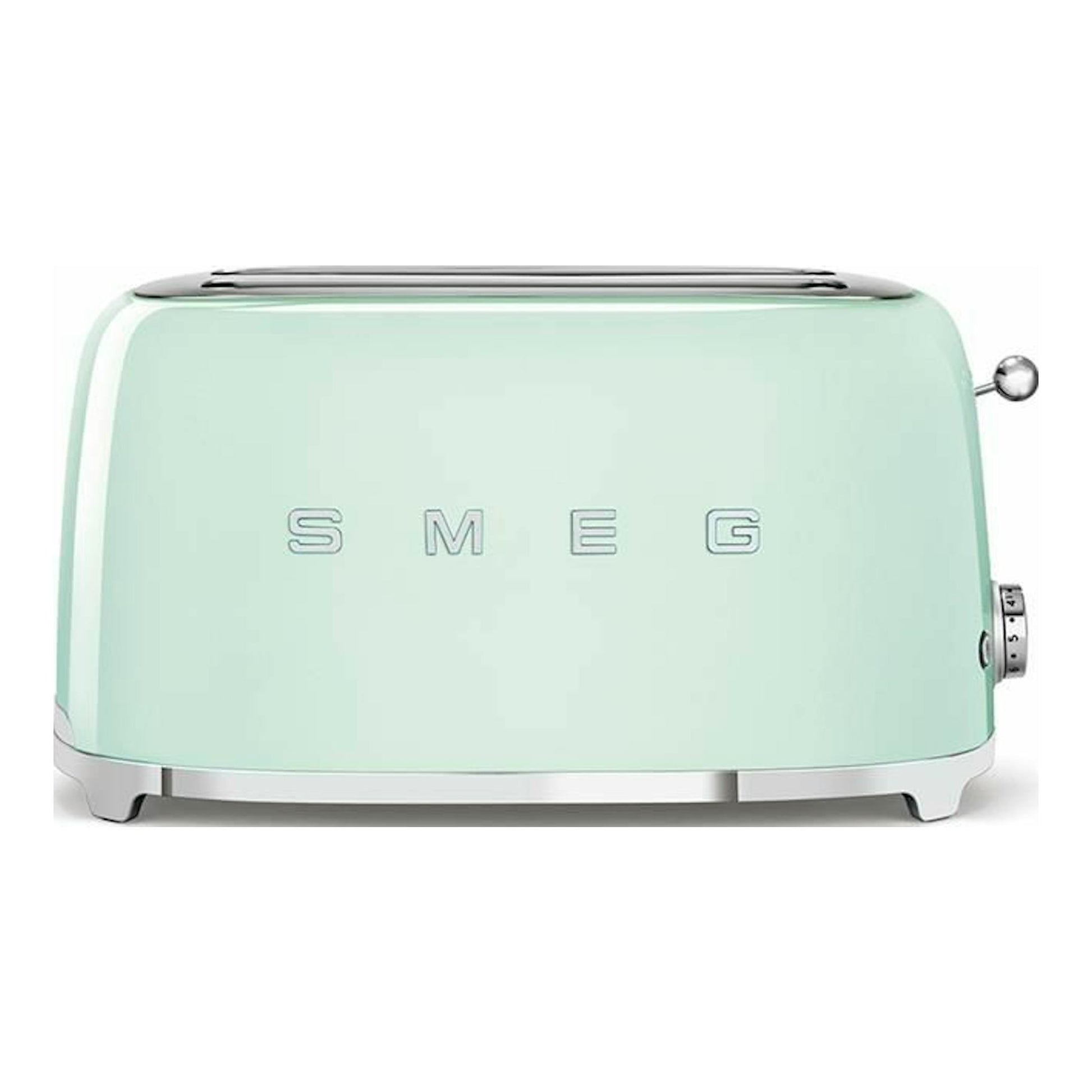 Tostador Smeg TSF02PGEU verde claro, vista frontal lateral, con dos ranuras y detalles cromados.