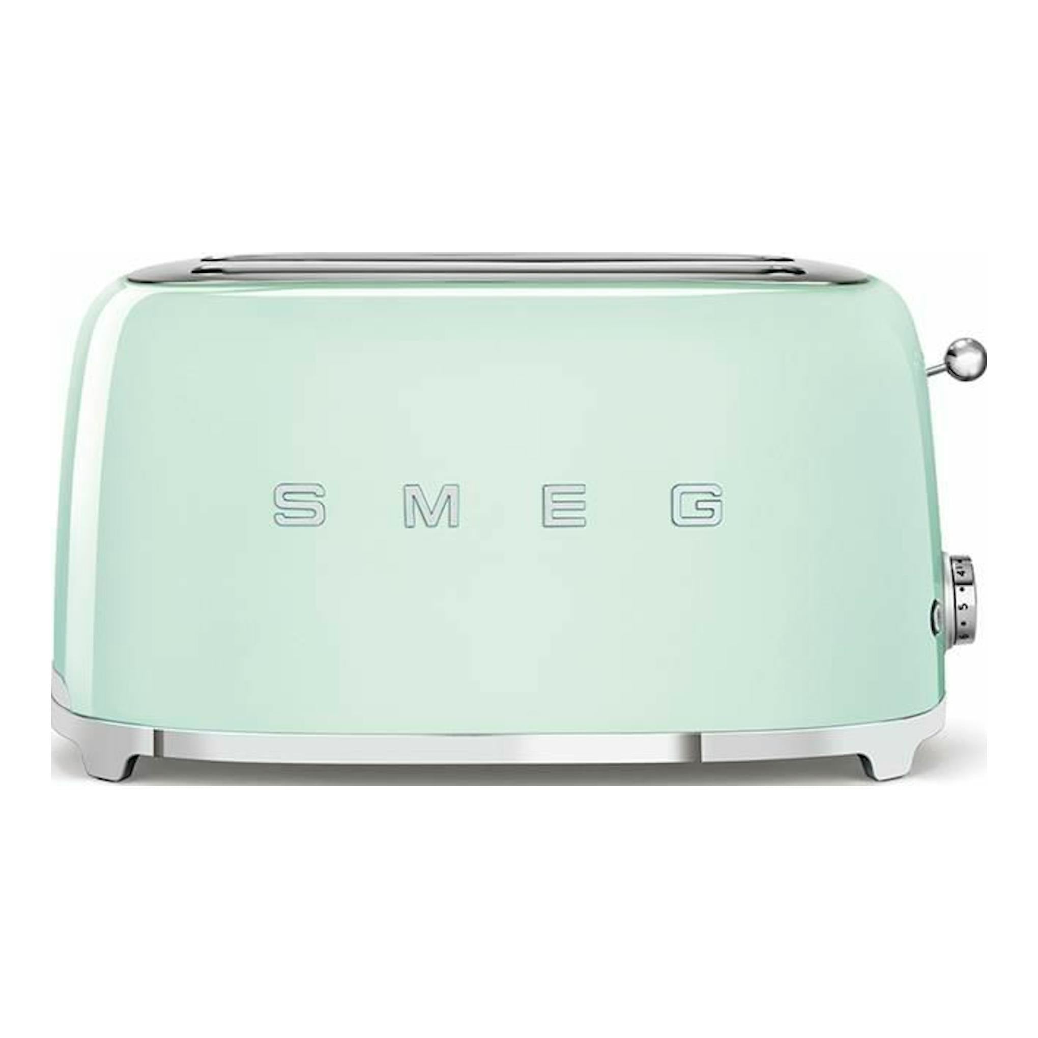 Tostador Smeg TSF02PGEU verde claro, vista frontal lateral, con dos ranuras y detalles cromados.