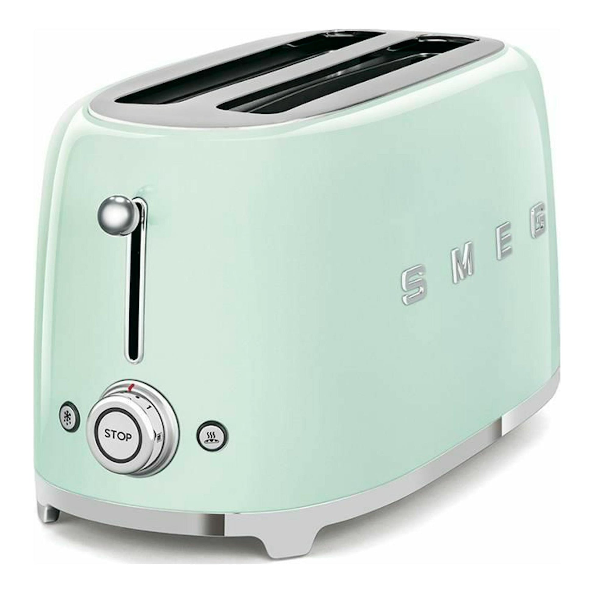 Tostador Smeg TSF02PGEU verde claro, vista en 3/4 frontal con dos ranuras y controles cromados.