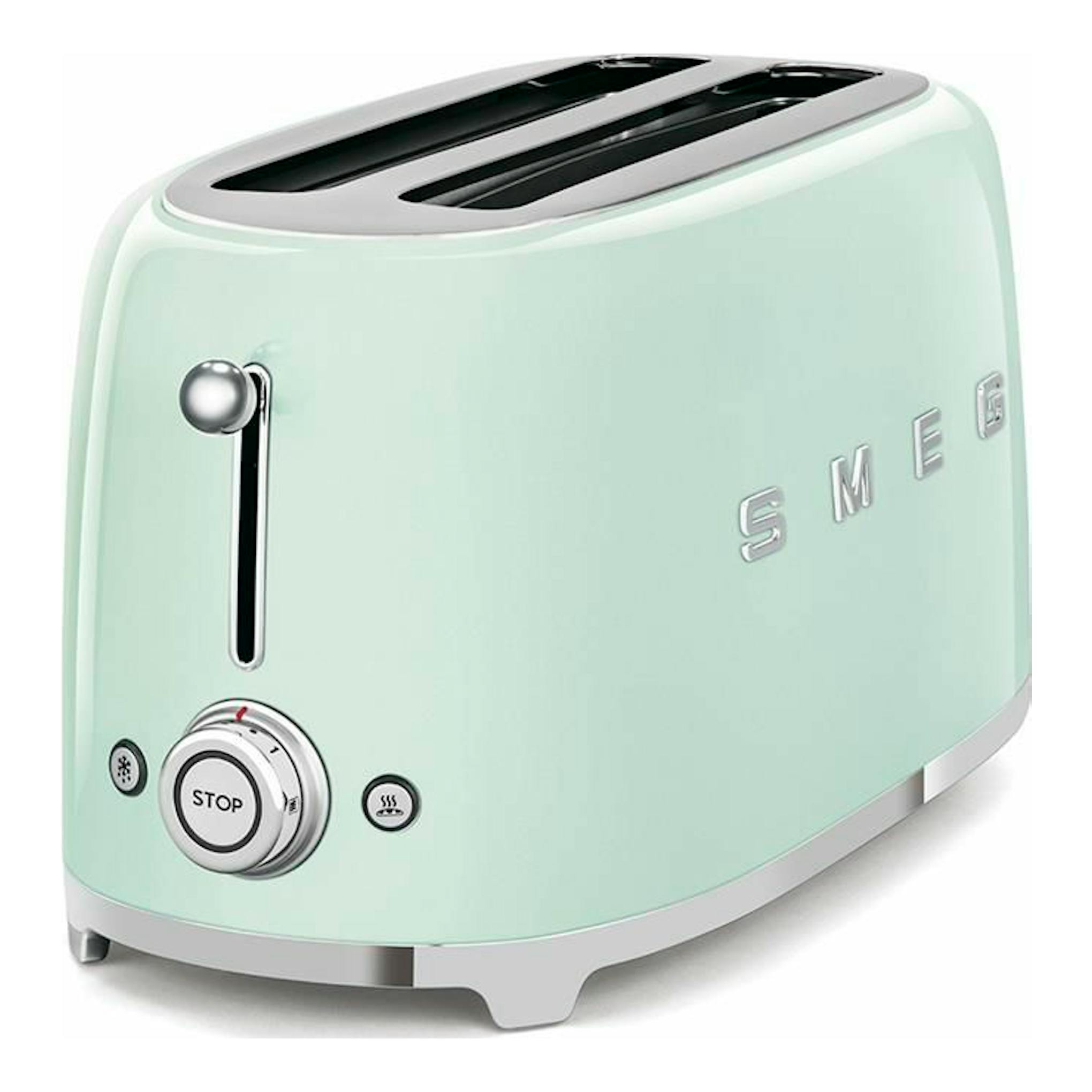 Tostador Smeg TSF02PGEU verde claro, vista en 3/4 frontal con dos ranuras y controles cromados.