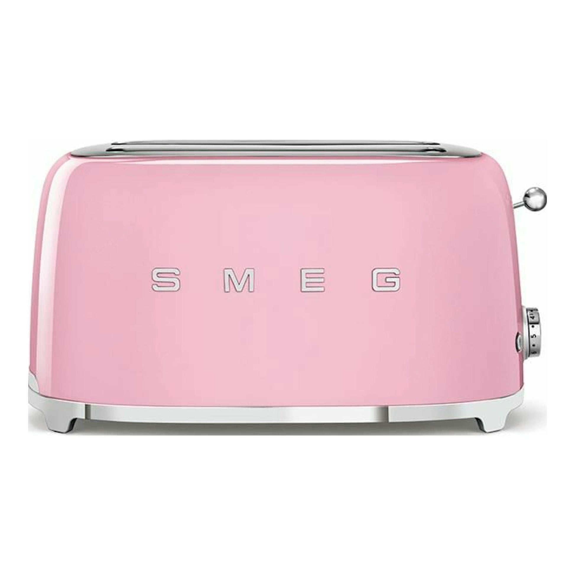 Smeg TSF02PKEU: tostador rosa de dos ranuras, vista frontal con detalles cromados.