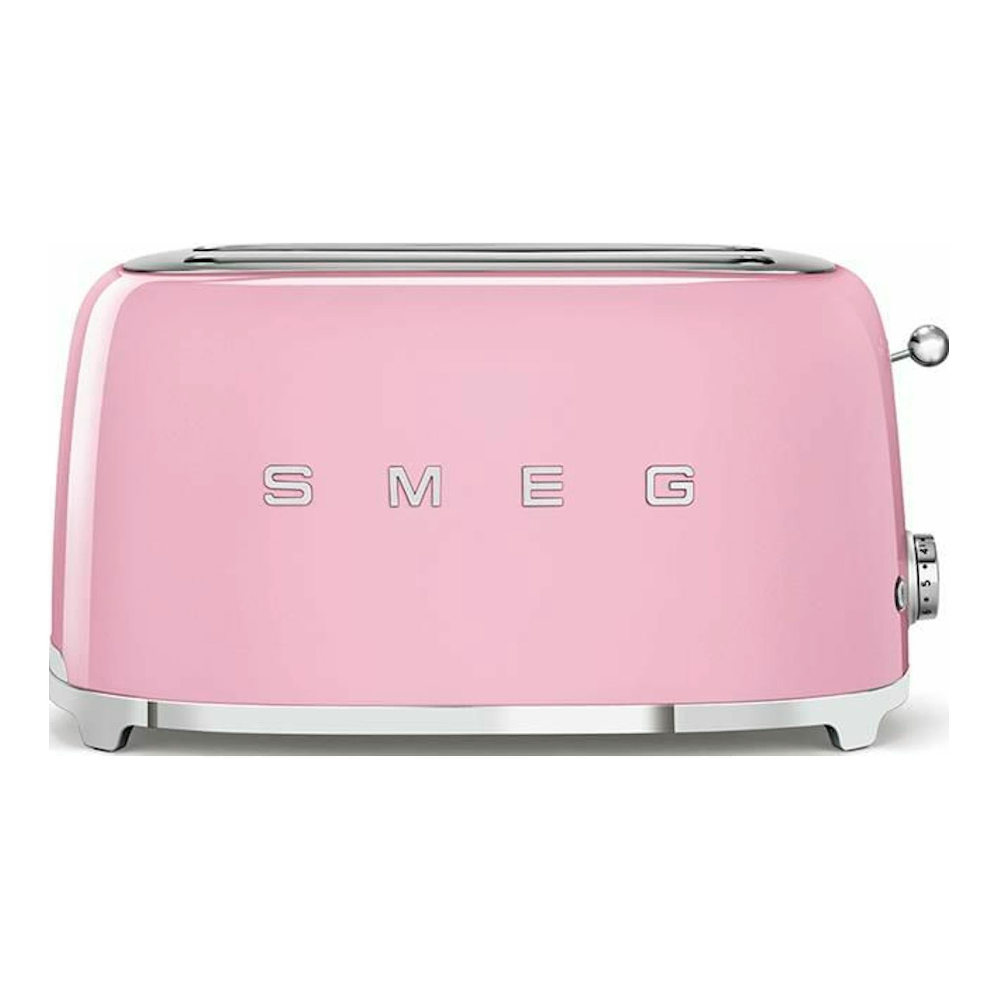 Smeg TSF02PKEU: tostador rosa de dos ranuras, vista frontal con detalles cromados.