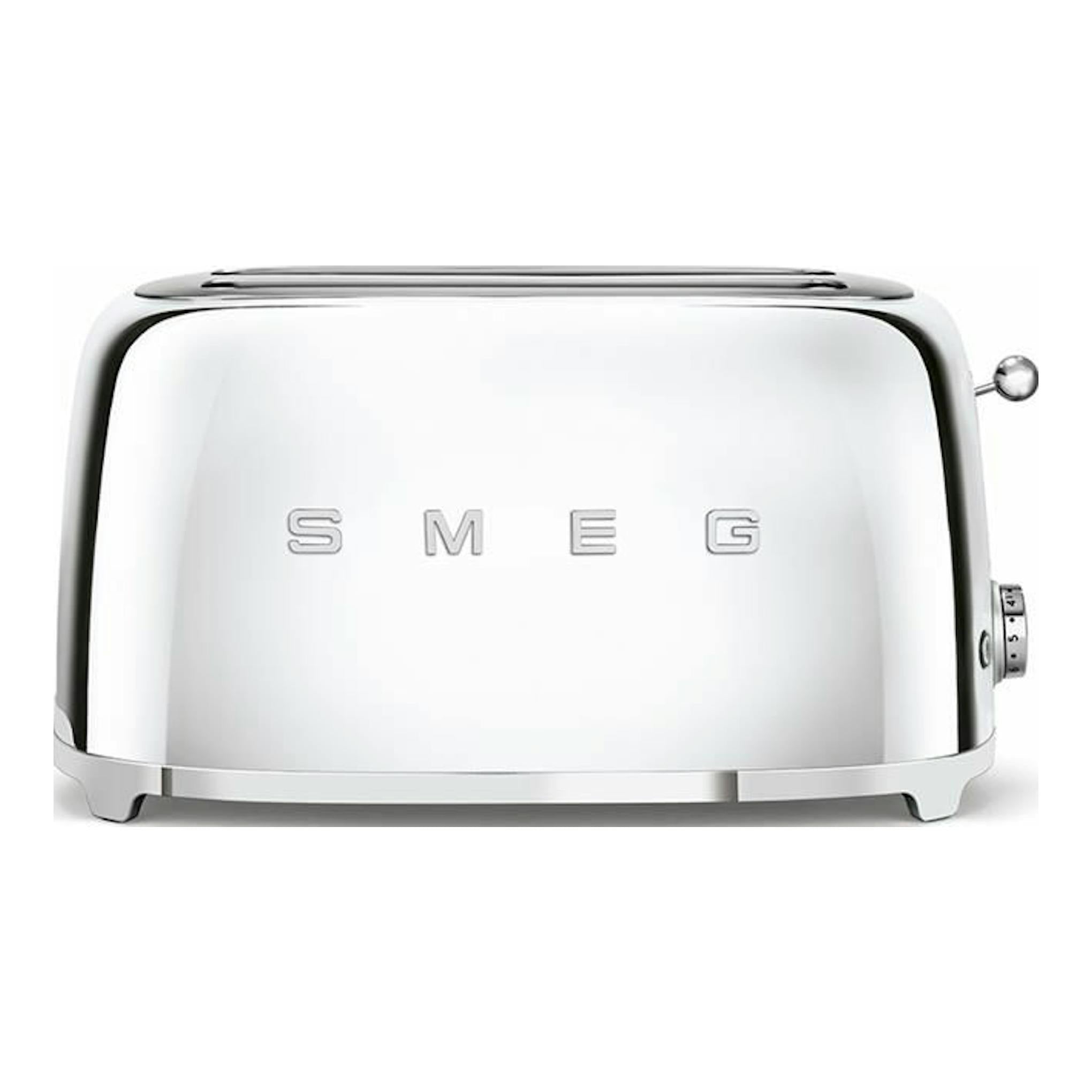 Tostador Smeg TSF02SSEU cromado, vista frontal, con dos ranuras y acabado brillante.