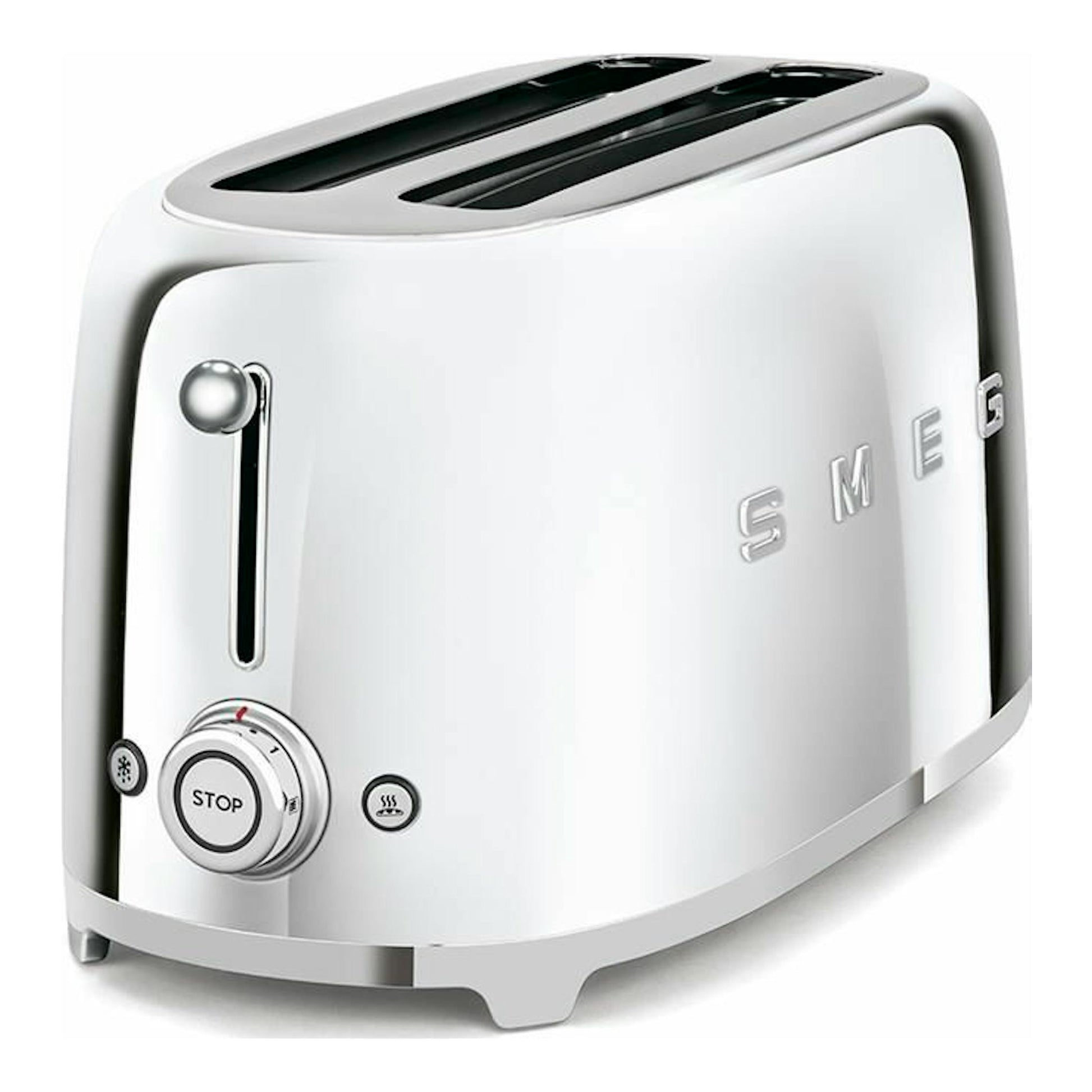 Tostador Smeg TSF02SSEU cromado, vista frontal en tres cuartos, con dos ranuras y mando giratorio.