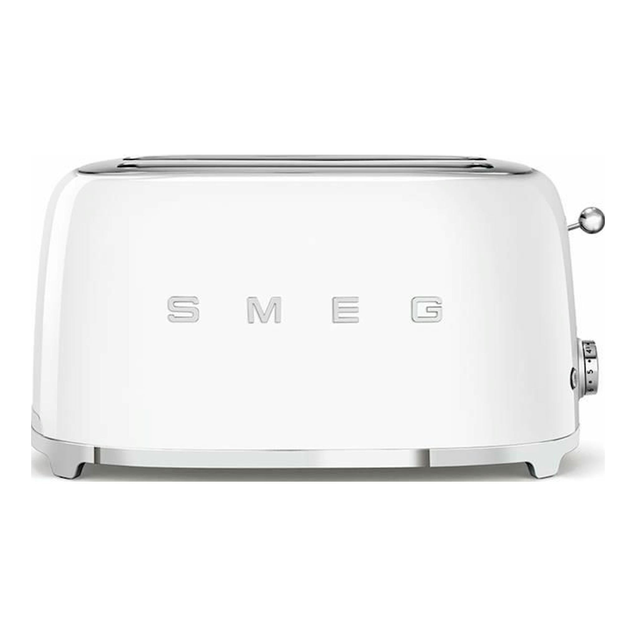 Tostador Smeg TSF02WHEU blanco, vista frontal sobre fondo blanco.