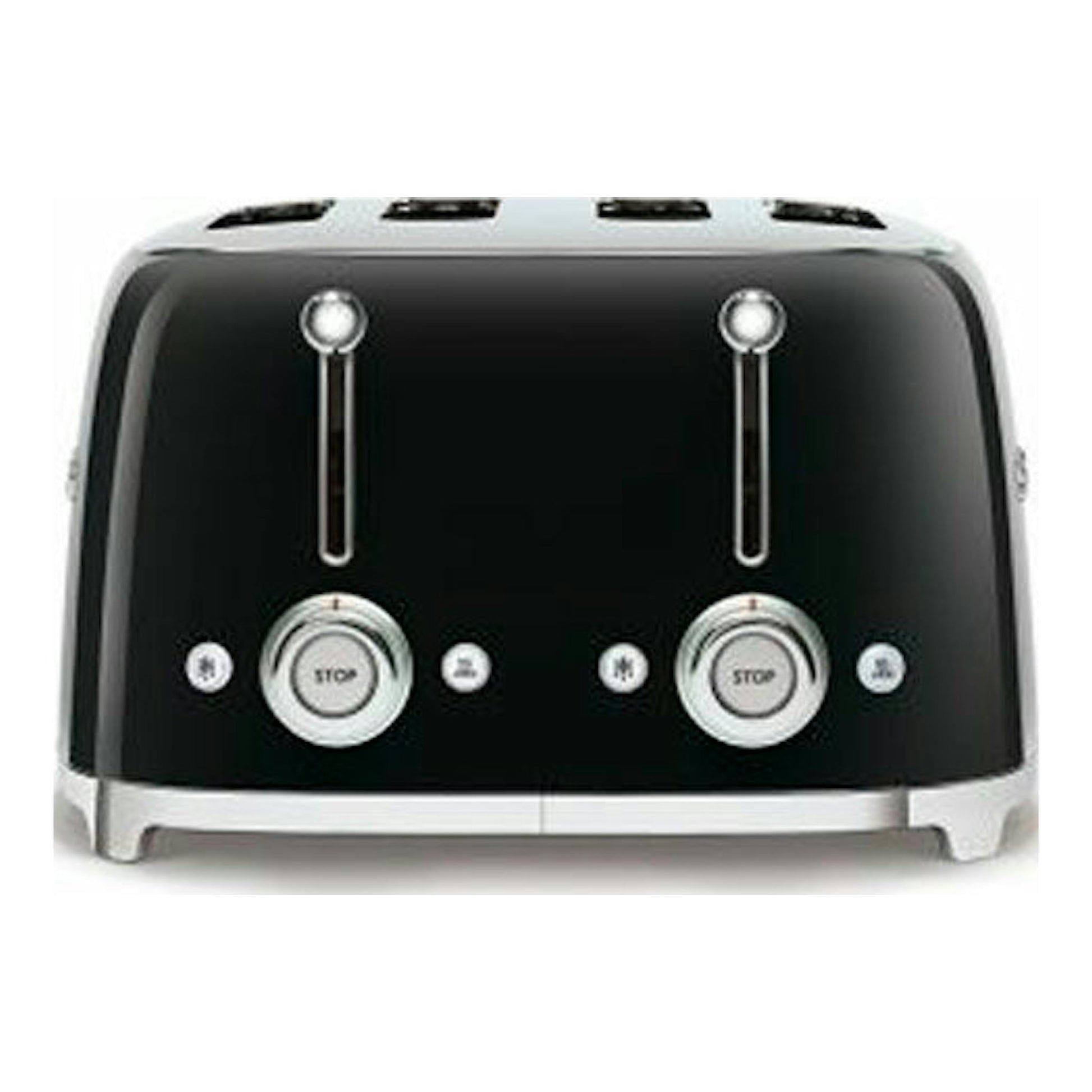 Tostador Smeg TSF03BLEU negro, vista frontal, con cuatro ranuras y controles plateados.
