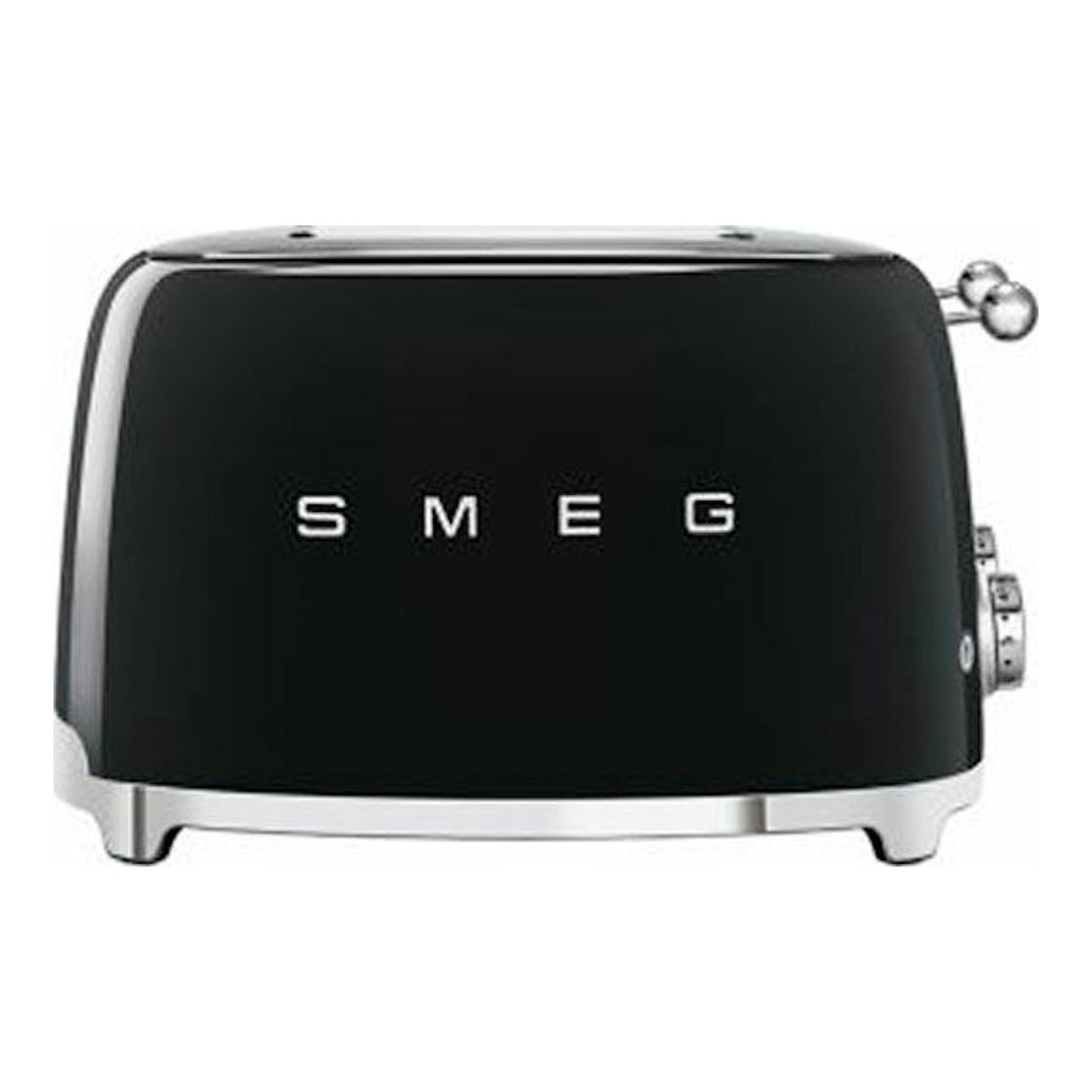 Tostador Smeg TSF03BLEU negro, vista frontal, con acabado negro brillante y base metálica.