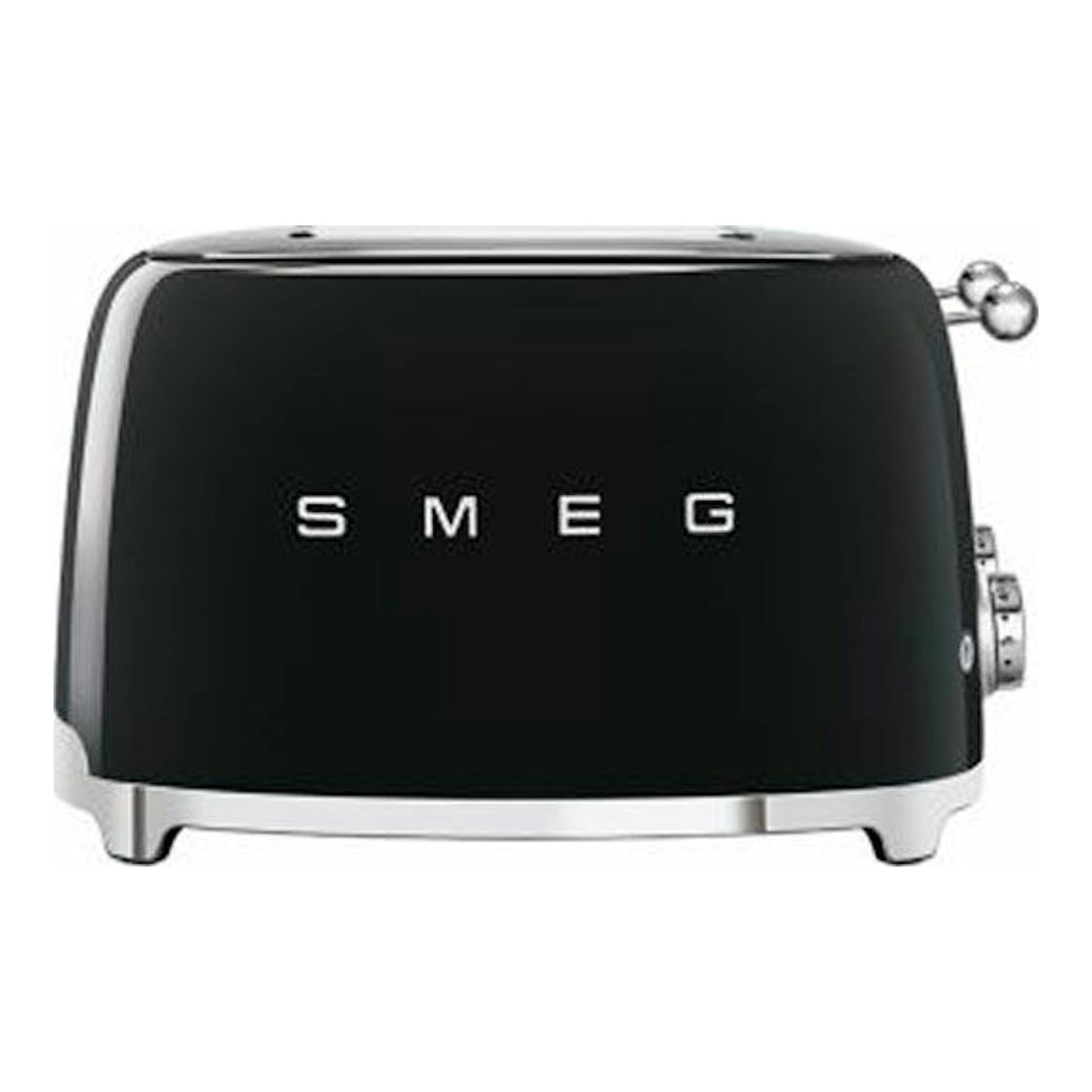 Tostador Smeg TSF03BLEU negro, vista frontal, con acabado negro brillante y base metálica.
