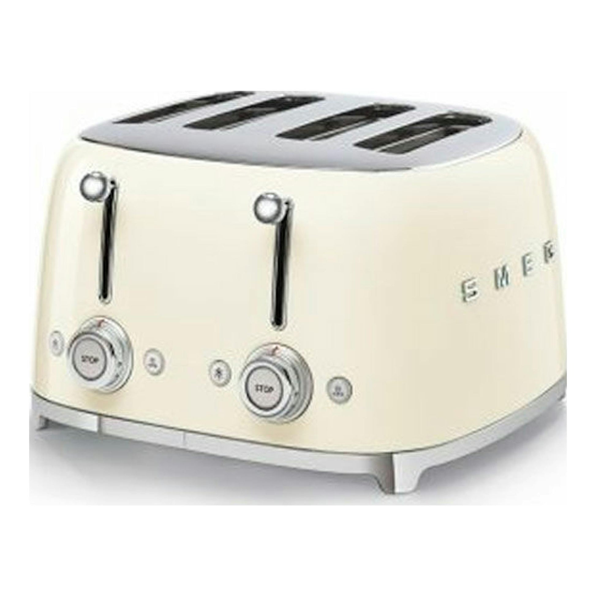Tostador Smeg TSF03CREU color crema, vista frontal lateral derecha, con cuatro ranuras.