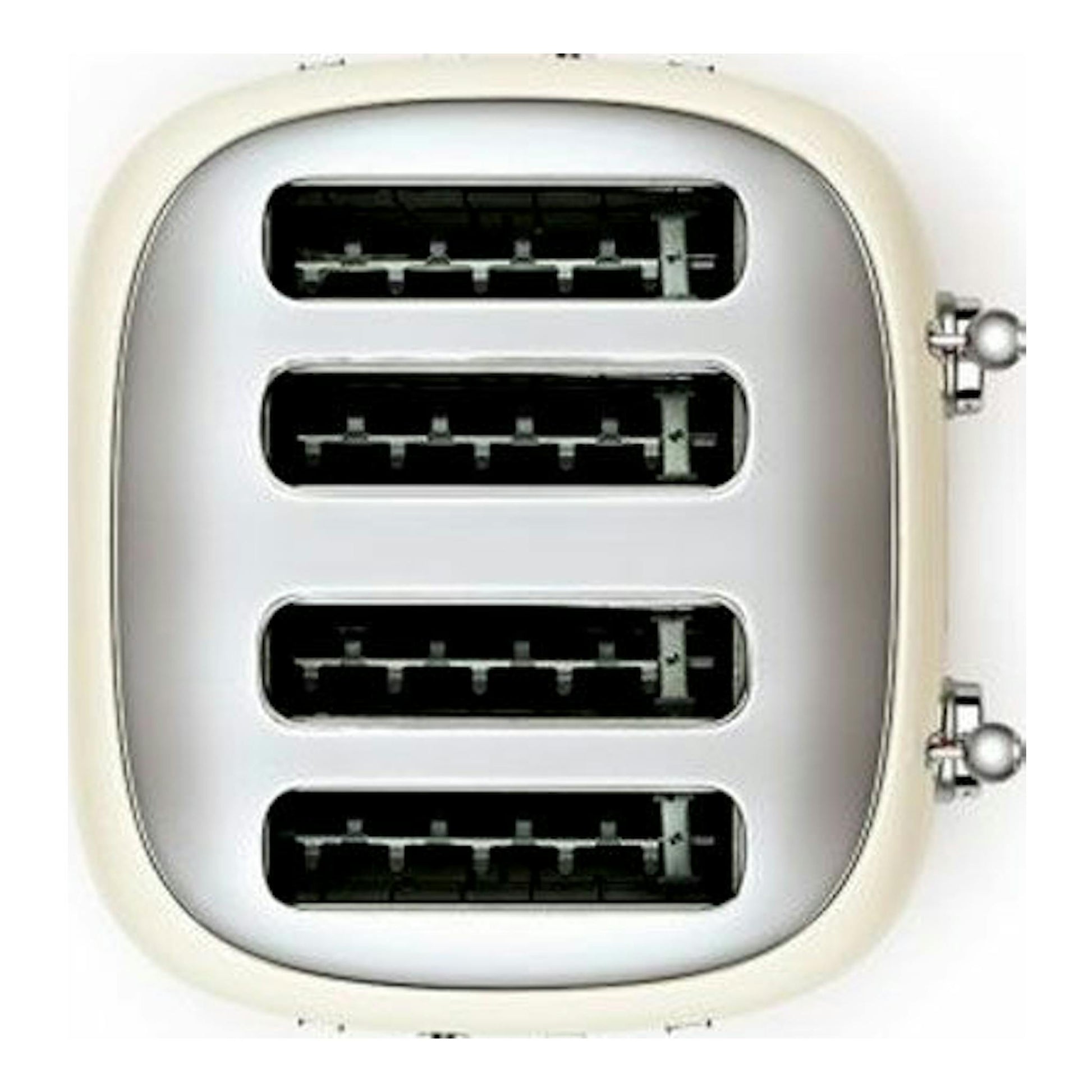 Tostador Smeg TSF03CREU crema, vista frontal, con cuatro ranuras y palancas laterales plateadas.