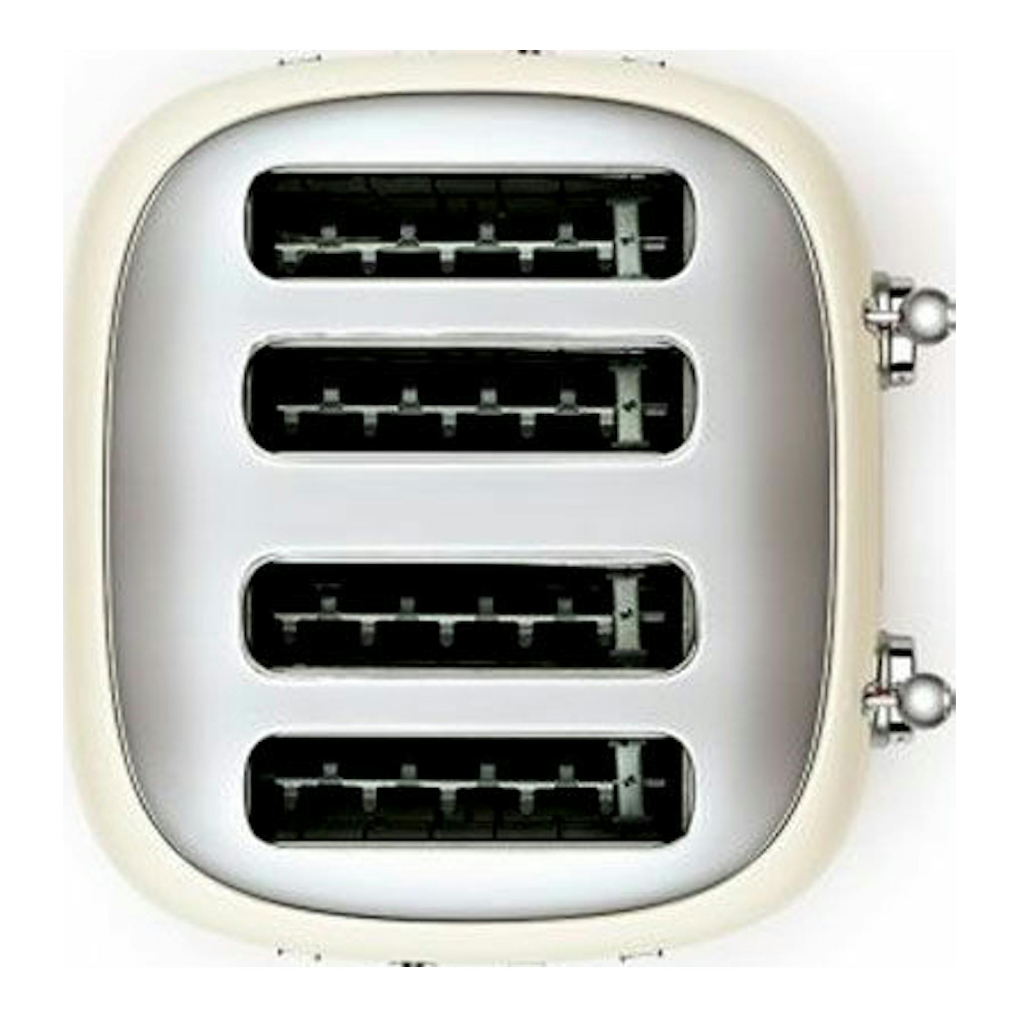 Tostador Smeg TSF03CREU crema, vista frontal, con cuatro ranuras y palancas laterales plateadas.