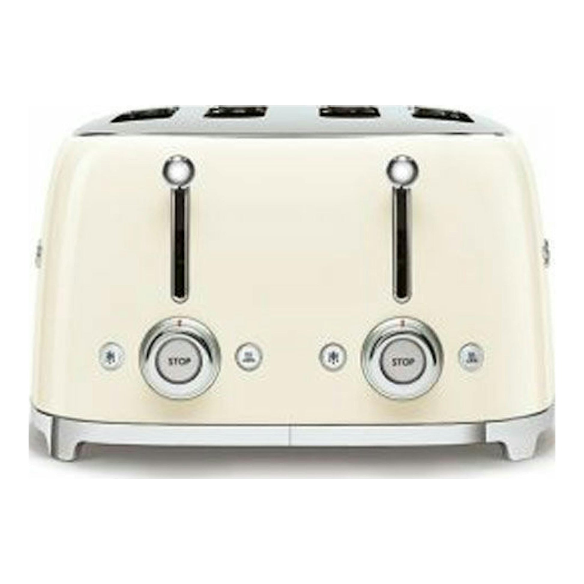 Tostador Smeg TSF03CREU crema, vista frontal, con dos ranuras y controles cromados.
