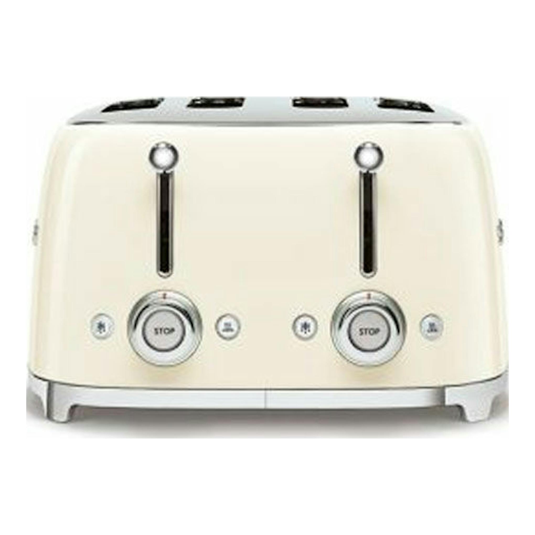 Tostador Smeg TSF03CREU crema, vista frontal, con dos ranuras y controles cromados.