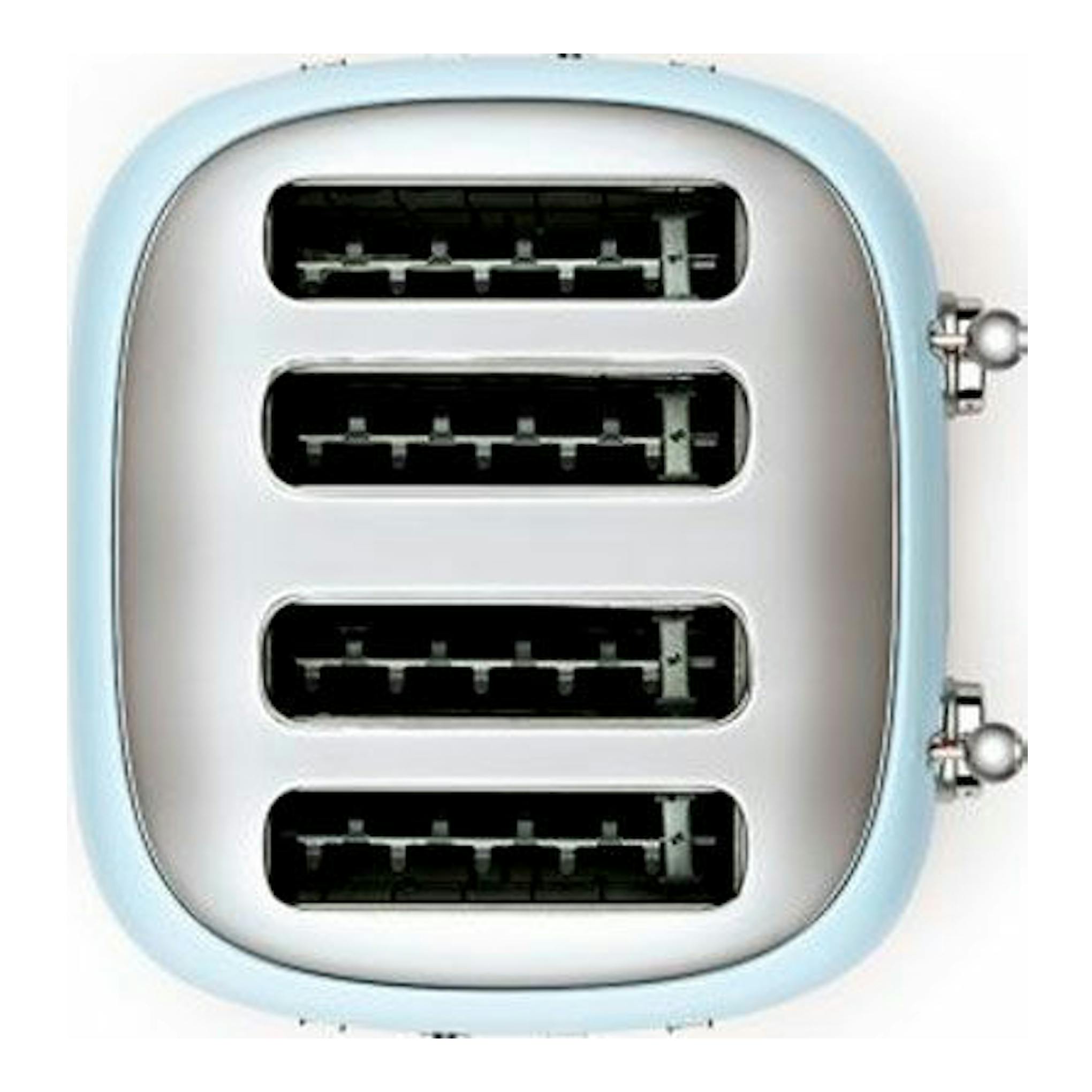 Tostador Smeg TSF03PBEU azul pastel, vista superior, con cuatro ranuras y dos mandos laterales.