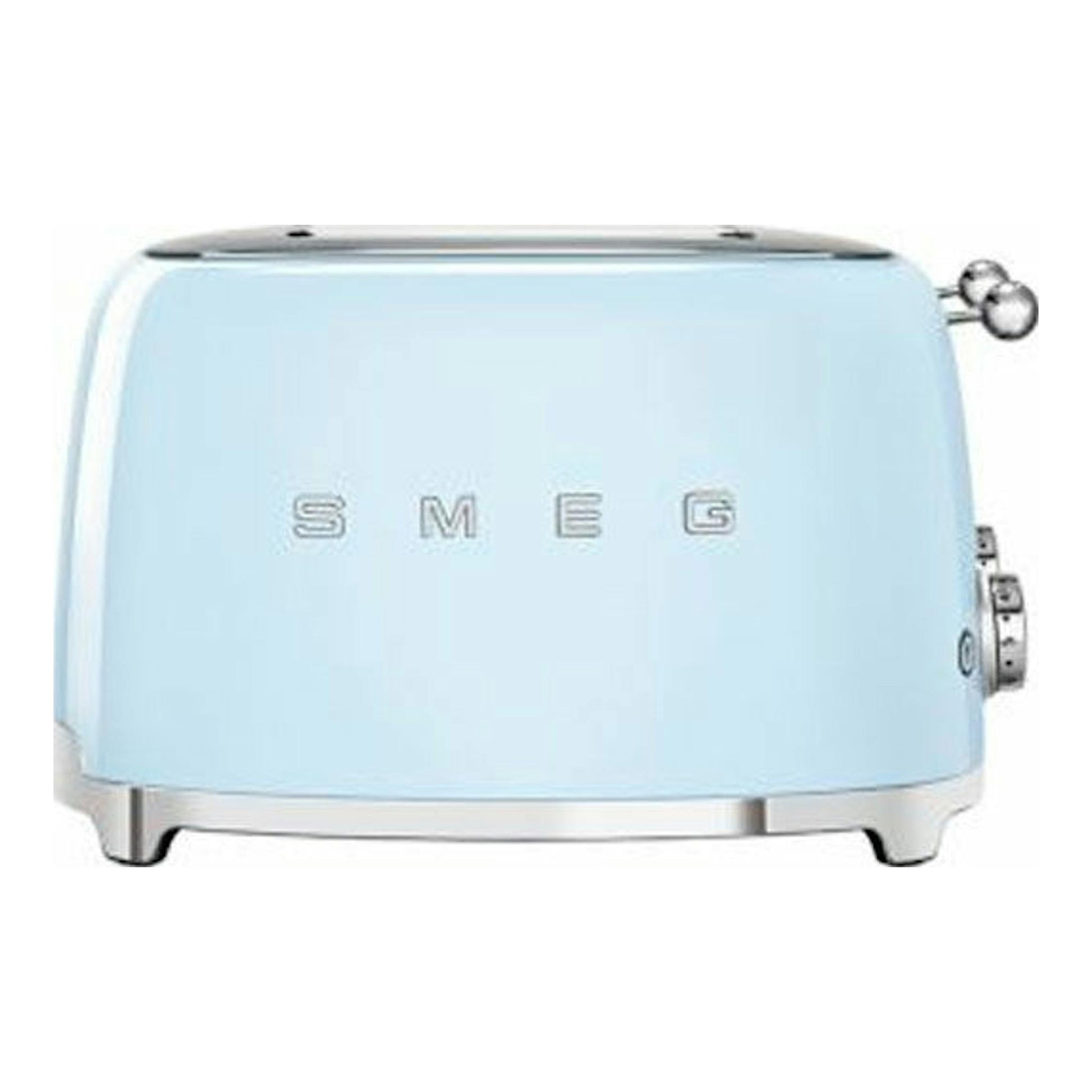 Tostador Smeg TSF03PBEU azul pastel, vista frontal, con detalles plateados.
