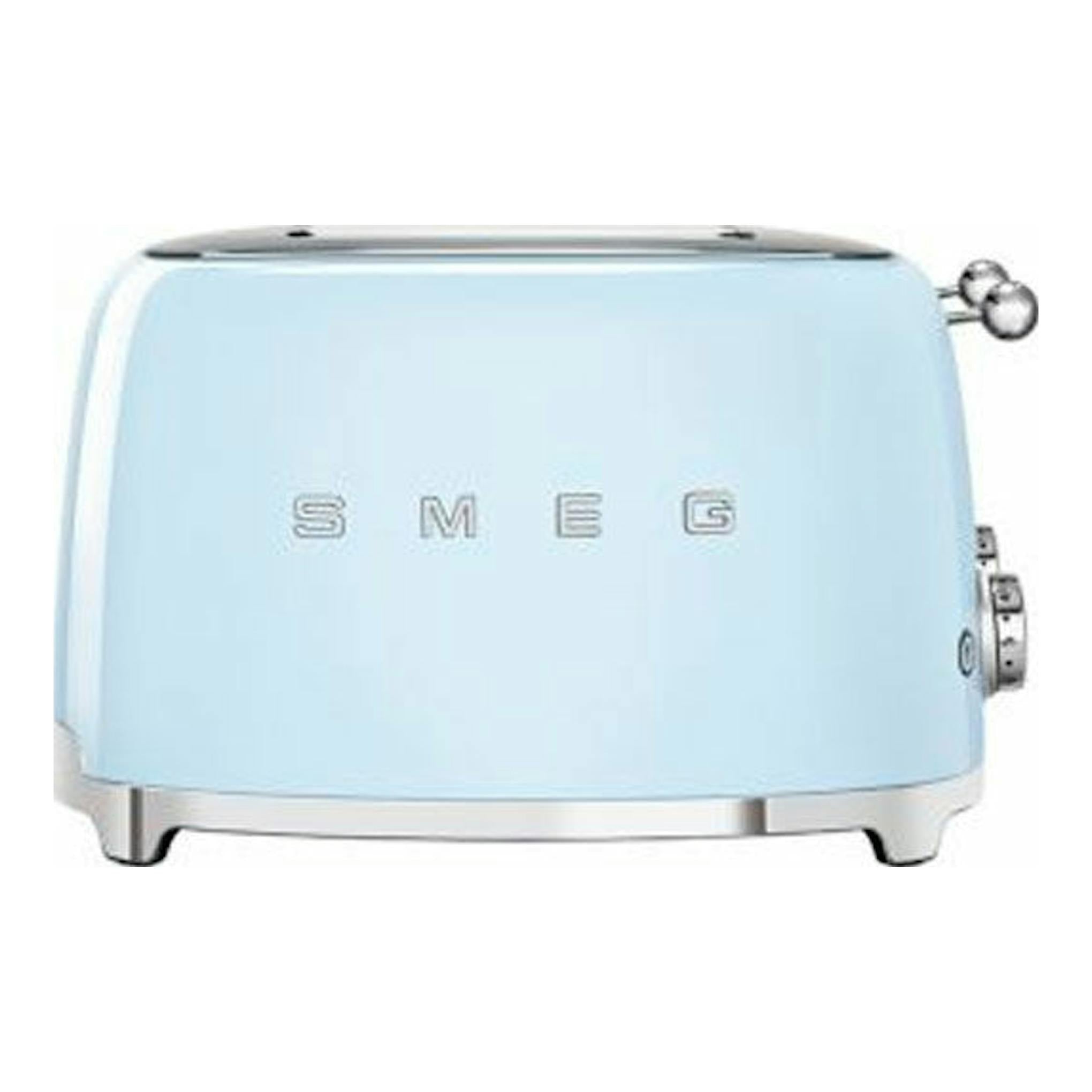 Tostador Smeg TSF03PBEU azul pastel, vista frontal, con detalles plateados.