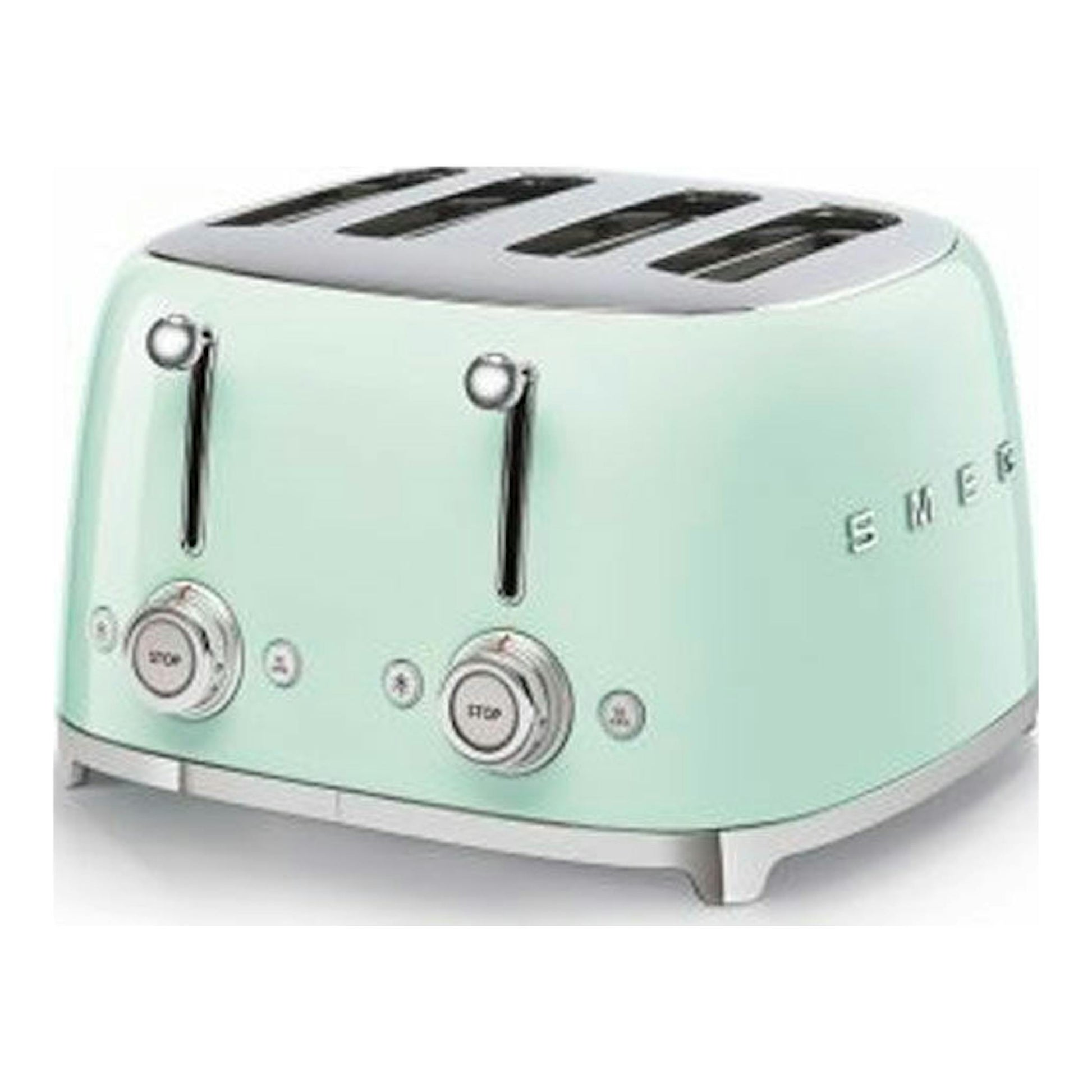 Tostador Smeg TSF03PGEU verde pastel, vista frontal en tres cuartos, con cuatro ranuras y mandos cromados.