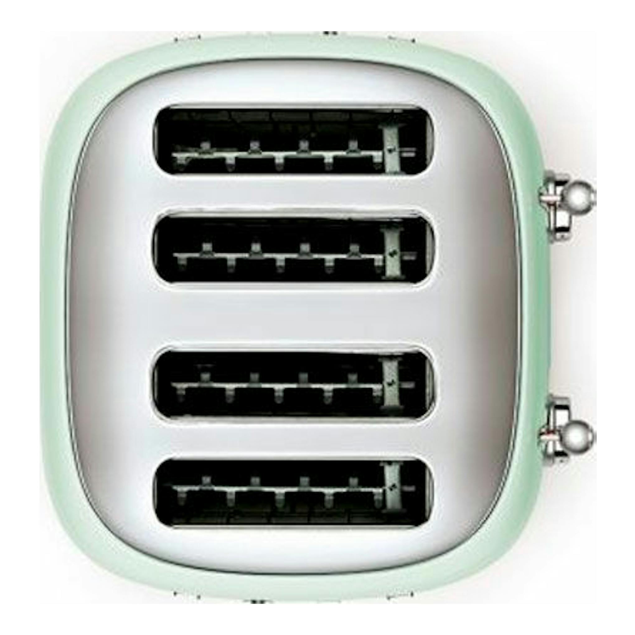 Tostador Smeg TSF03PGEU verde pastel de 4 ranuras, vista frontal sobre fondo blanco.