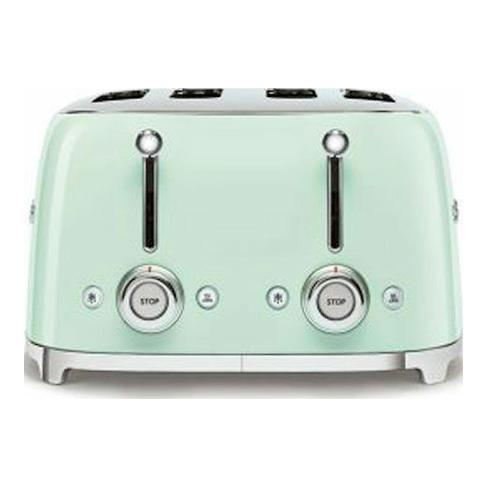 Tostador Smeg TSF03PGEU verde pastel, vista frontal, con dos ranuras y mandos cromados.