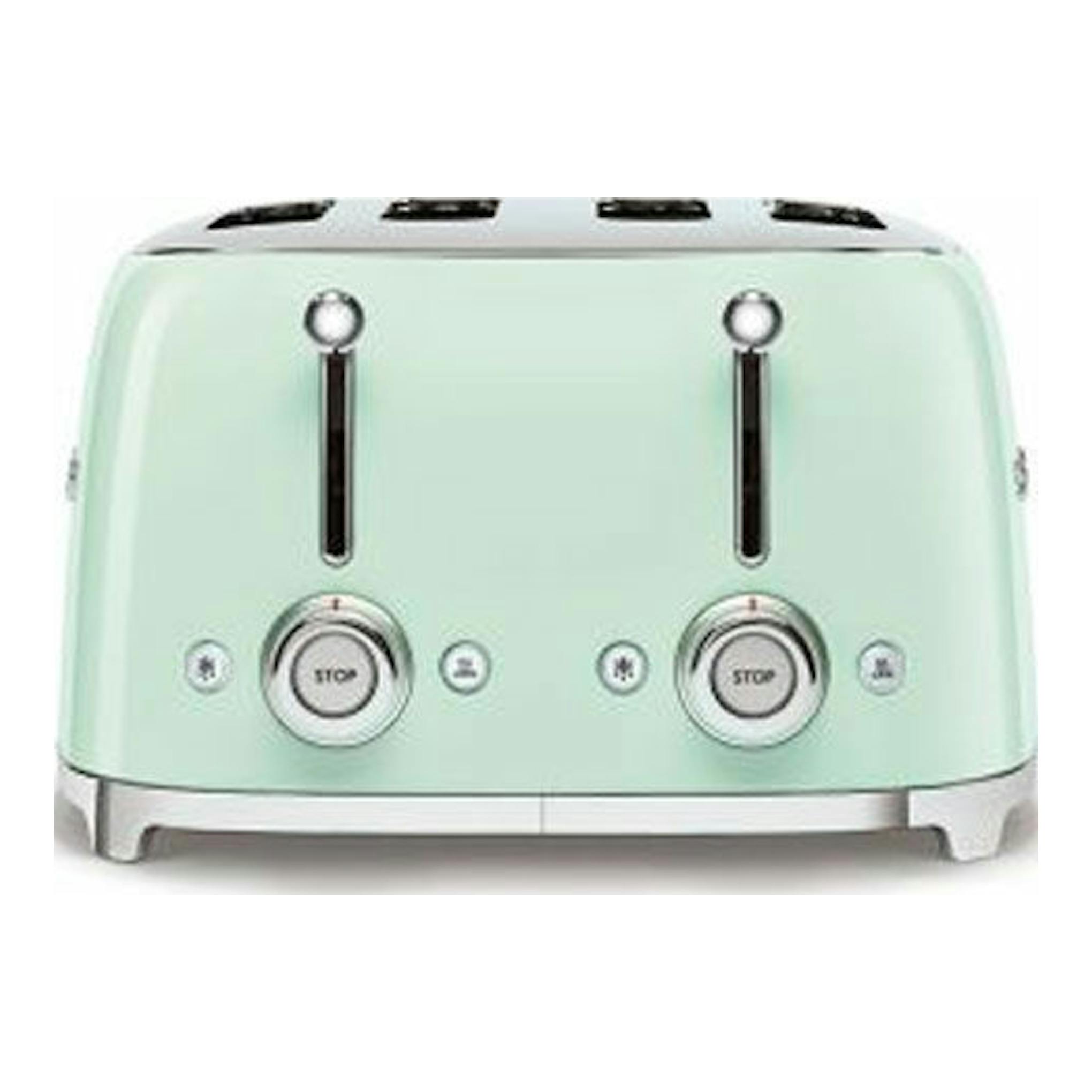 Tostador Smeg TSF03PGEU verde pastel, vista frontal, con dos ranuras y mandos cromados.