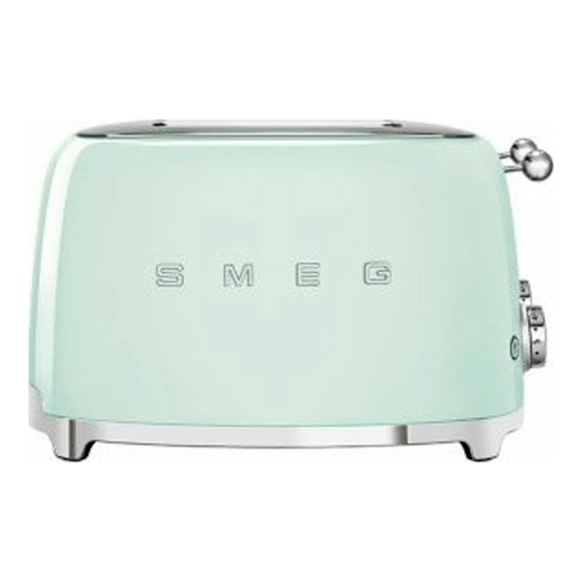Tostador Smeg TSF03PGEU verde pastel, vista frontal, con detalles cromados y logotipo SMEG.