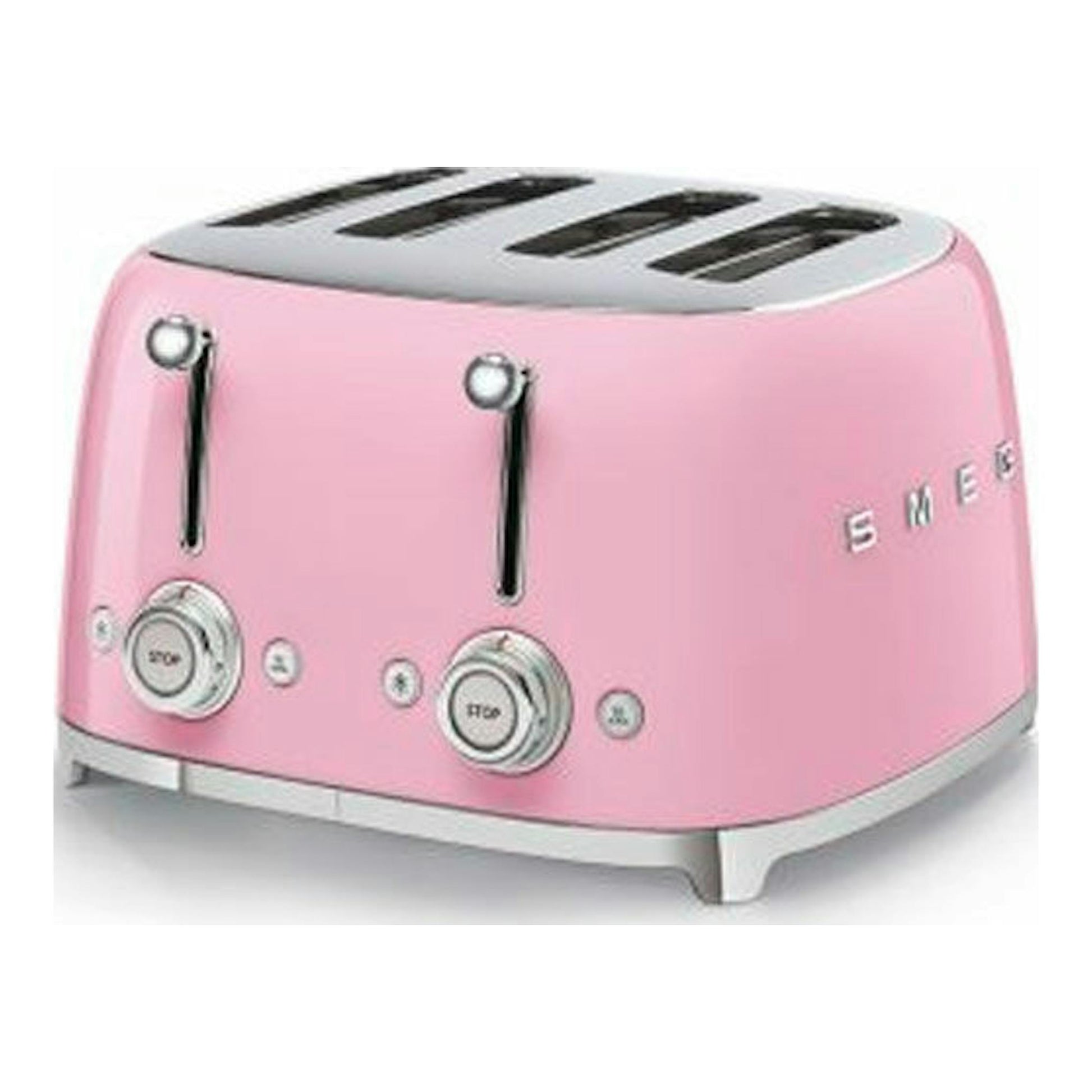 Tostador Smeg TSF03PKEU rosa, vista en 3/4, con cuatro ranuras y mandos frontales.