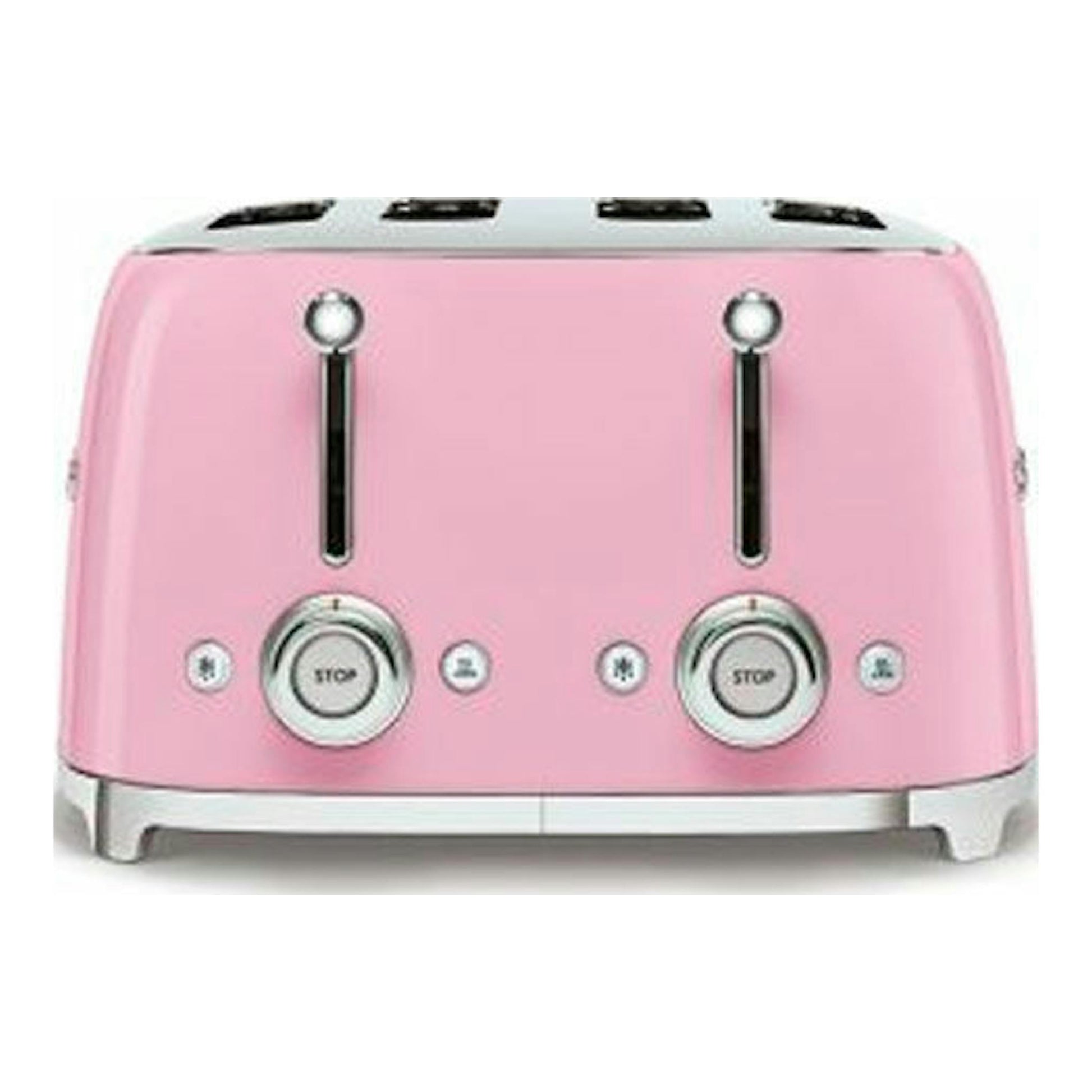 Tostador Smeg TSF03PKEU rosa, vista frontal, con cuatro ranuras y dos mandos cromados.