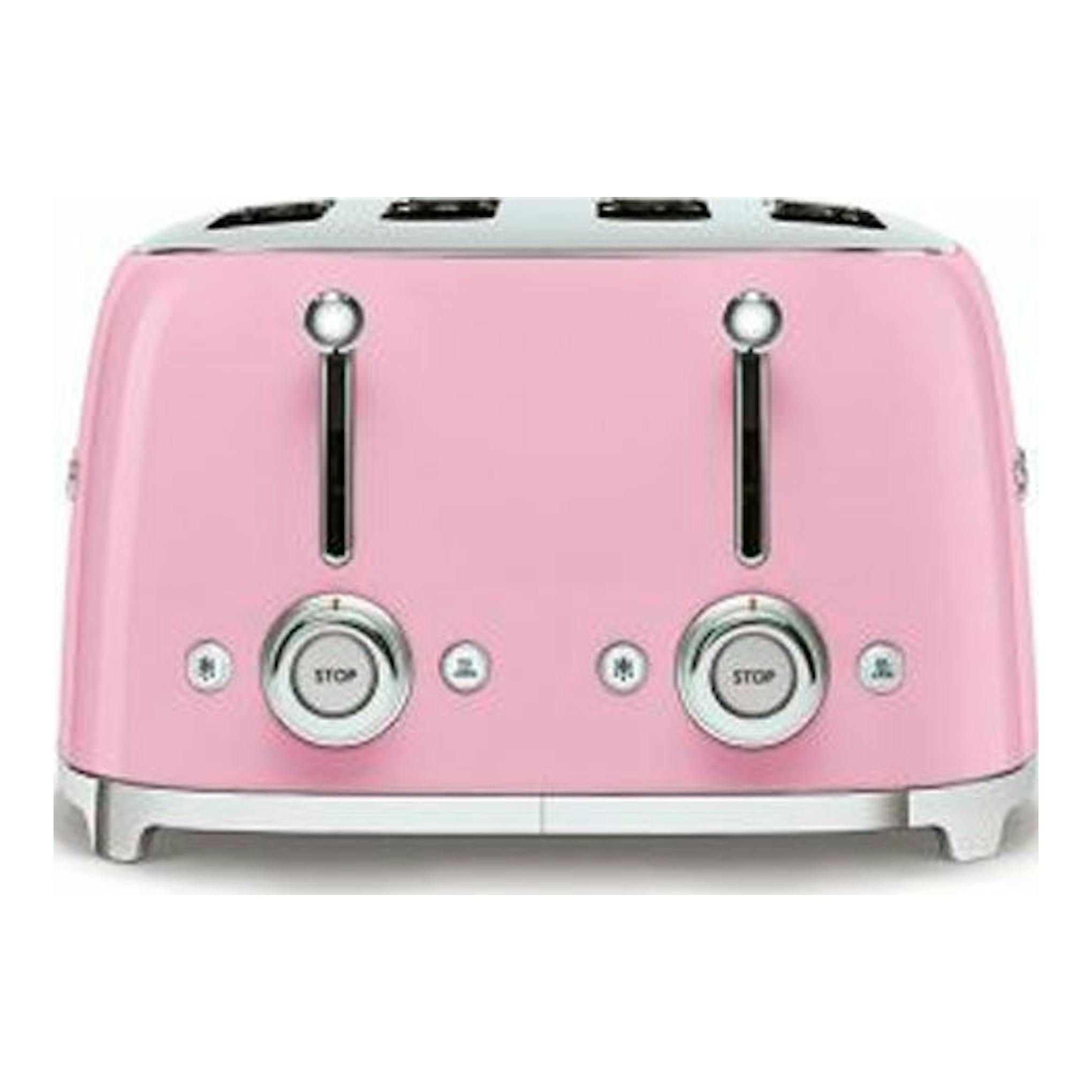 Tostador Smeg TSF03PKEU rosa, vista frontal, con cuatro ranuras y dos mandos cromados.
