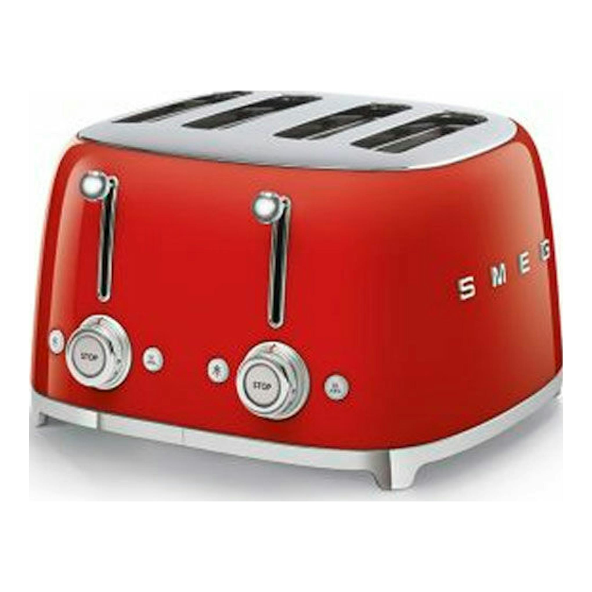 Tostador Smeg TSF03RDEU rojo, vista frontal en ángulo, con cuatro ranuras y controles cromados.