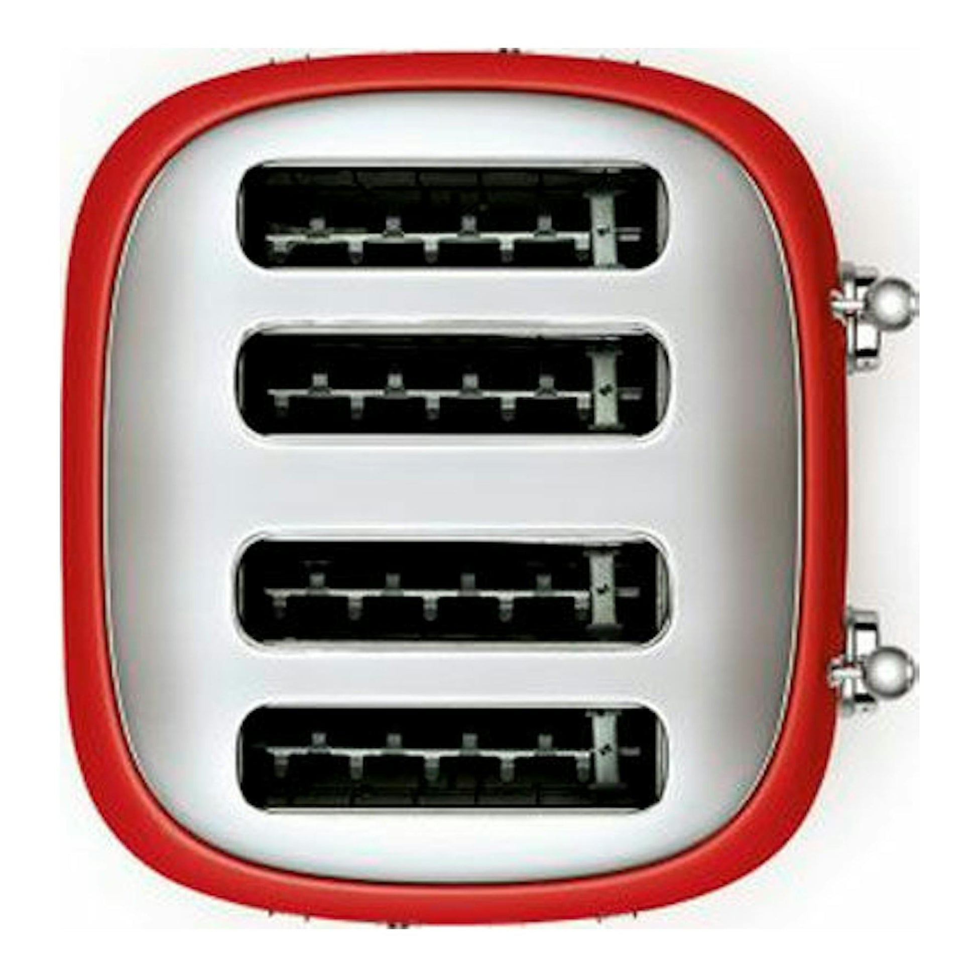 Tostador Smeg TSF03RDEU rojo, vista frontal con cuatro ranuras y laterales metálicos.