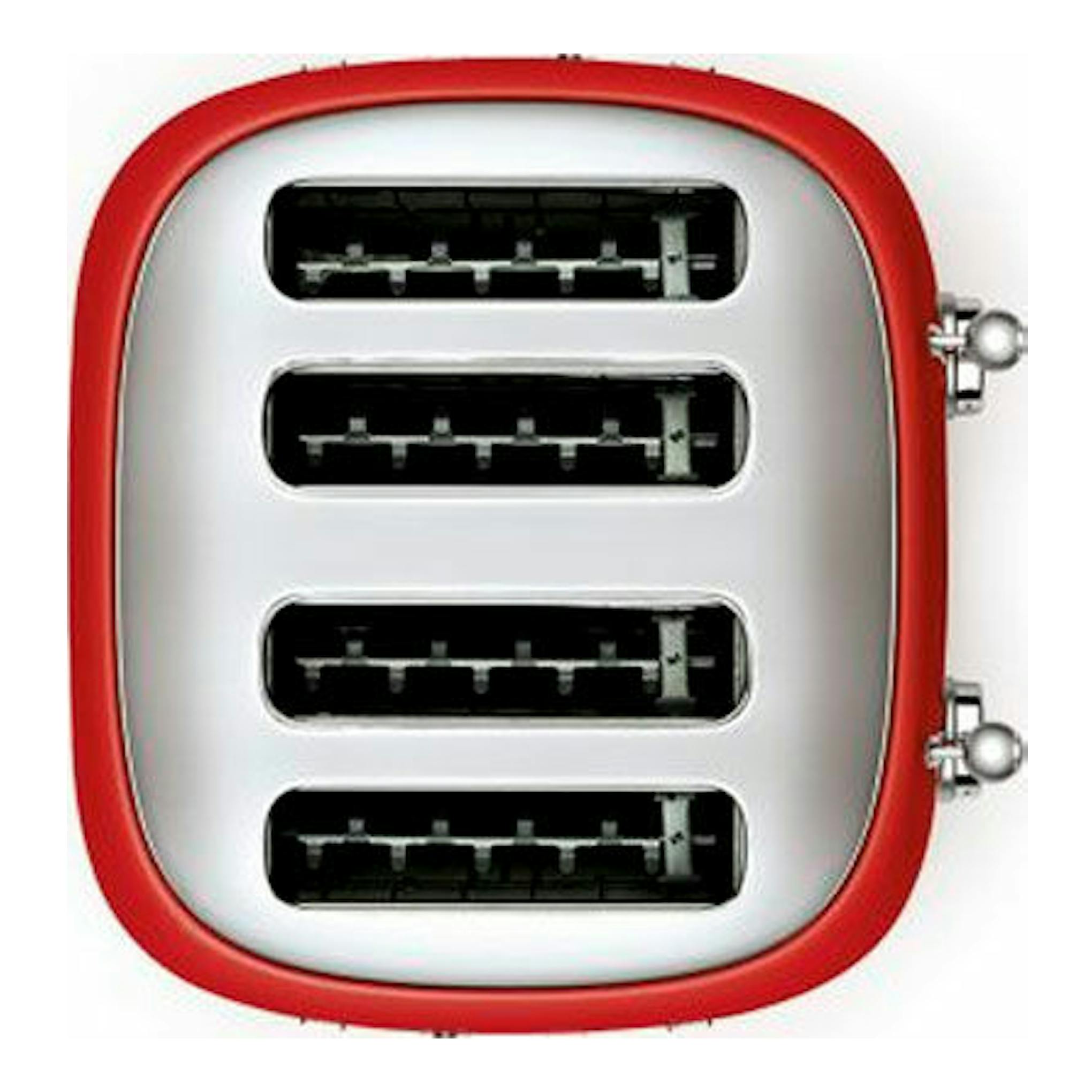 Tostador Smeg TSF03RDEU rojo, vista frontal con cuatro ranuras y laterales metálicos.
