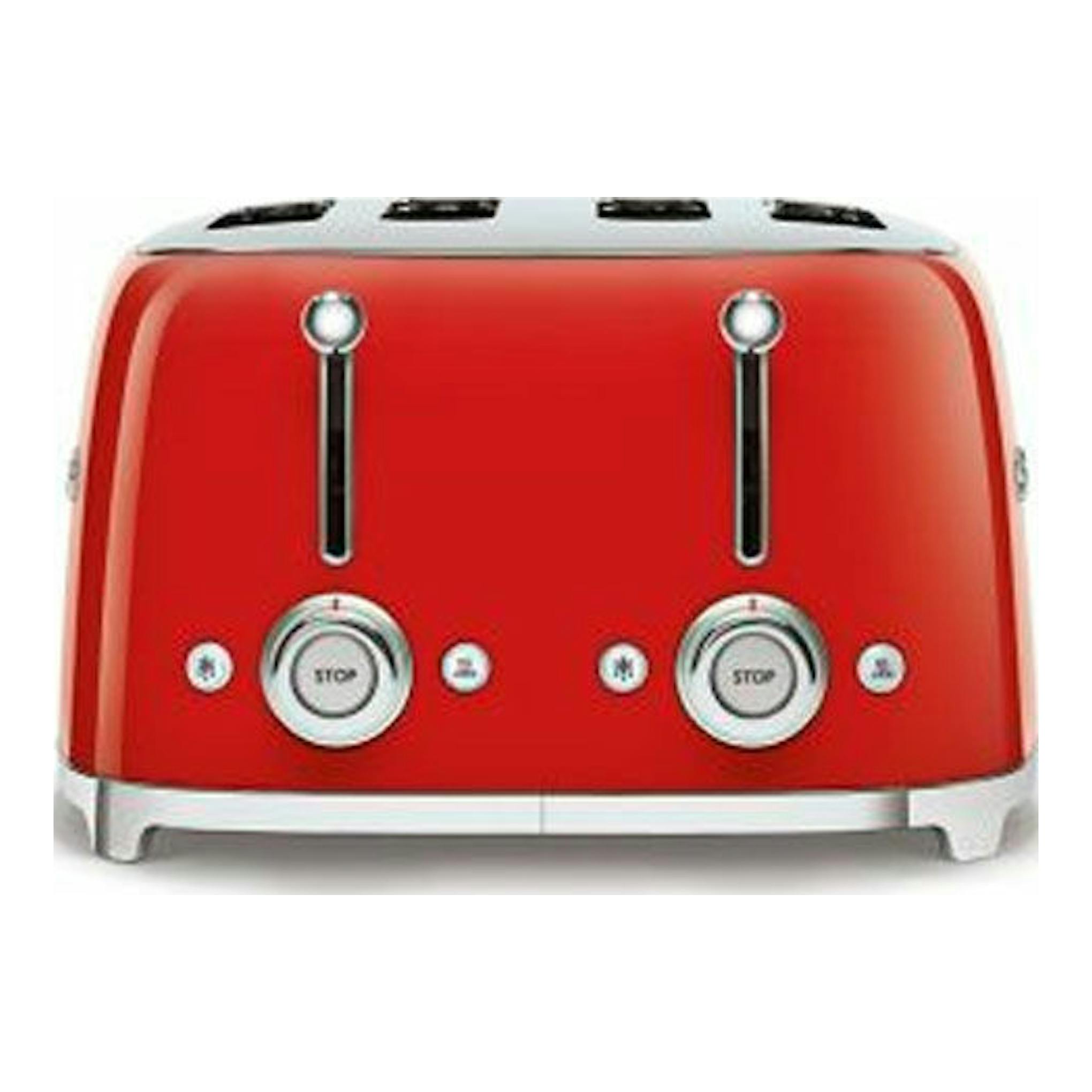 Tostador Smeg TSF03RDEU rojo, vista frontal, con cuatro ranuras y dos controles circulares.