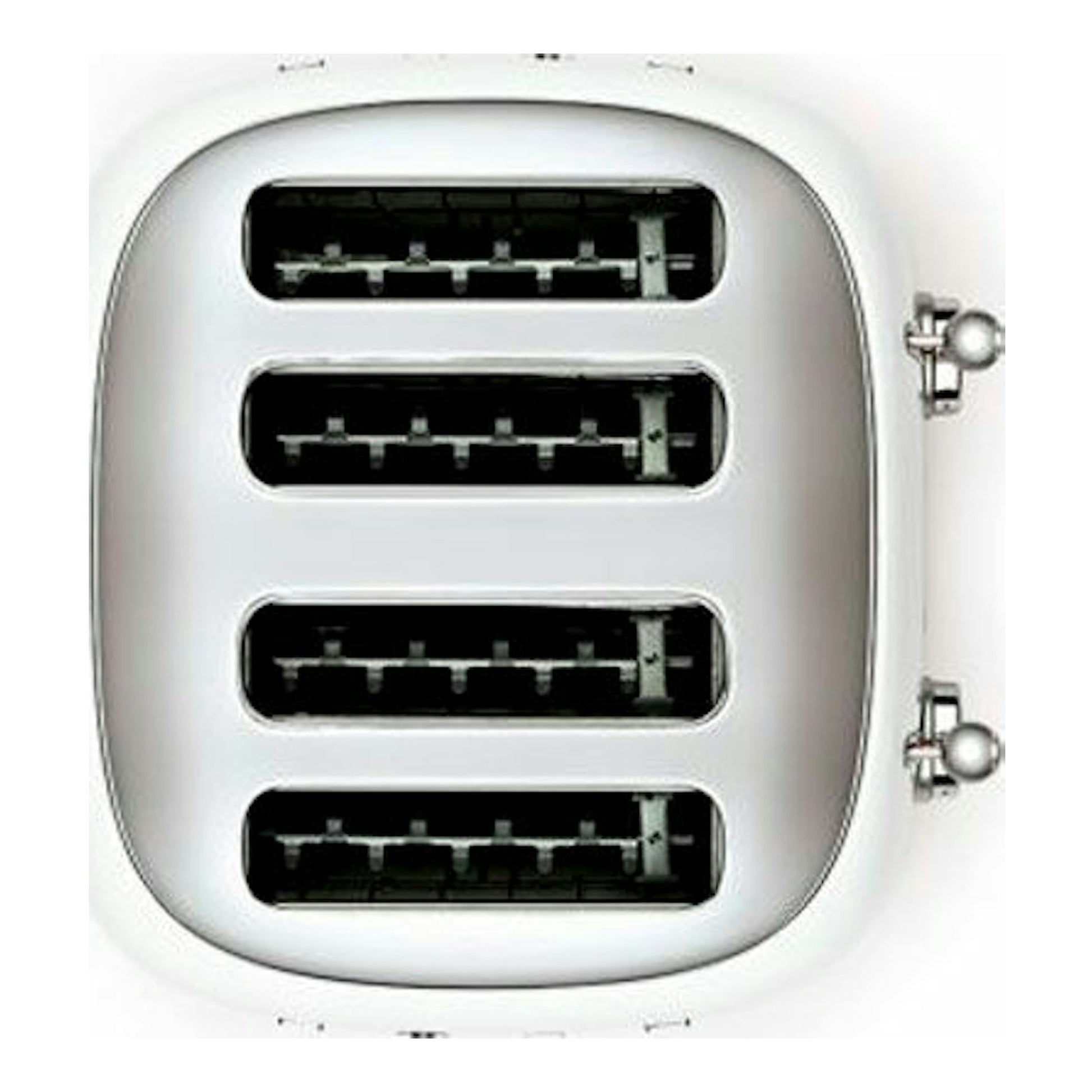 Tostador Smeg TSF03WHEU blanco, vista superior, con cuatro ranuras y controles laterales.