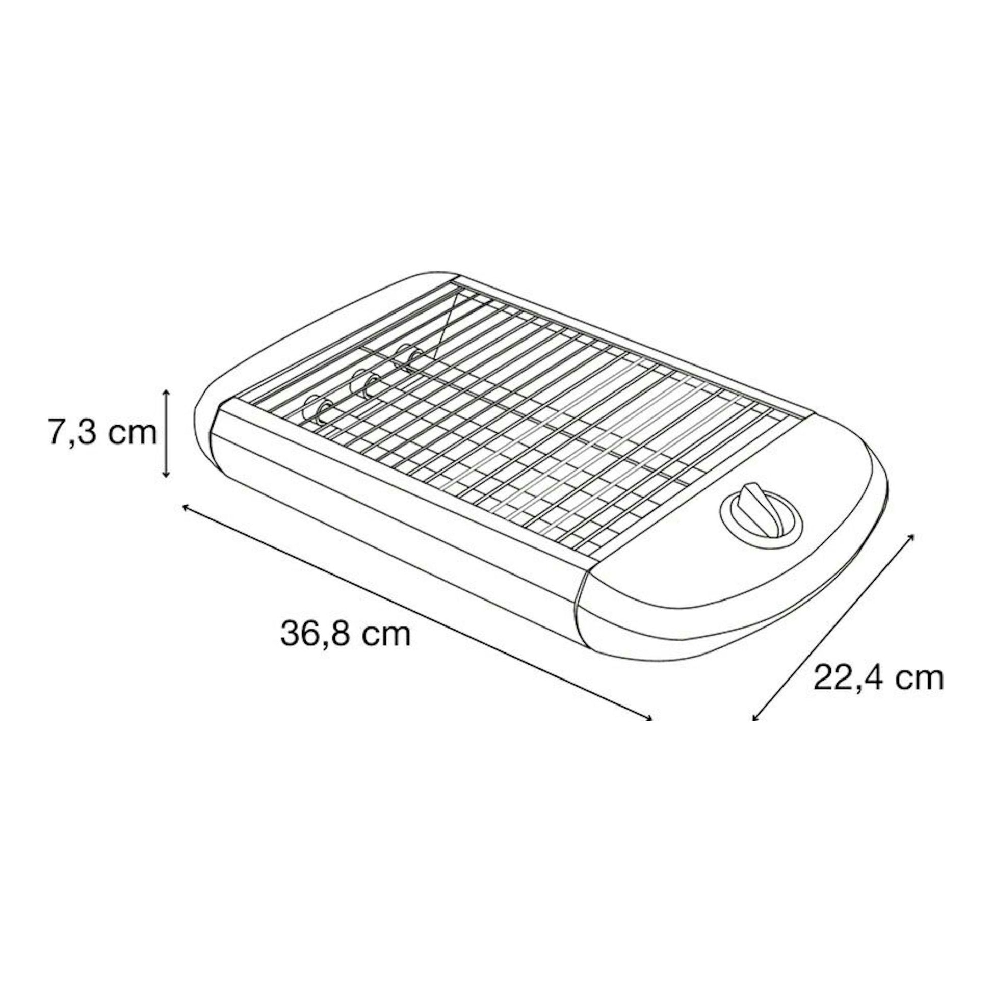 Solac TC5309, tostador blanco en vista isométrica con rejilla superior y medidas 36,8 x 22,4 x 7,3 cm.