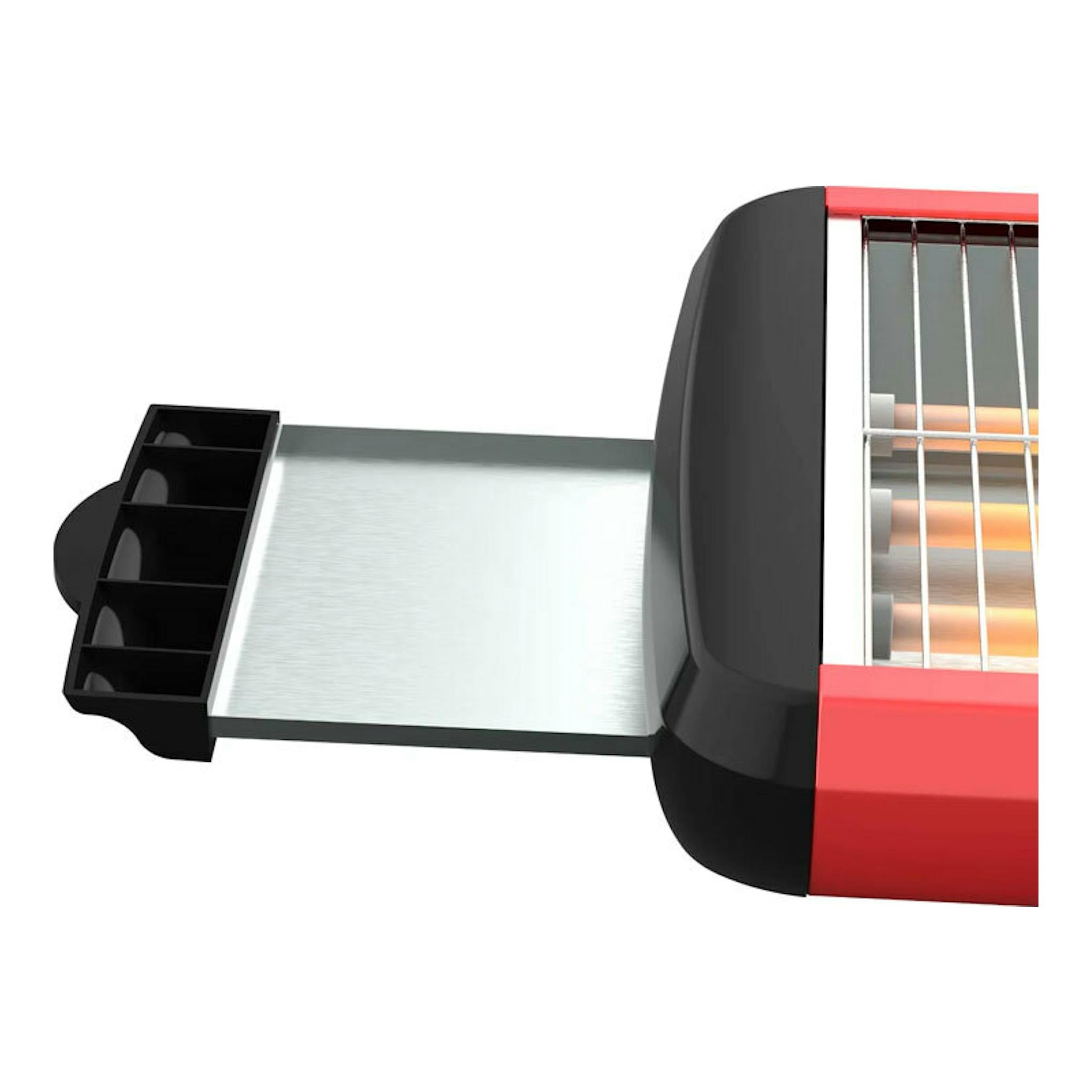 Tostador Solac TC5309 rojo y negro, vista lateral parcial con ranura y bandeja metálica.