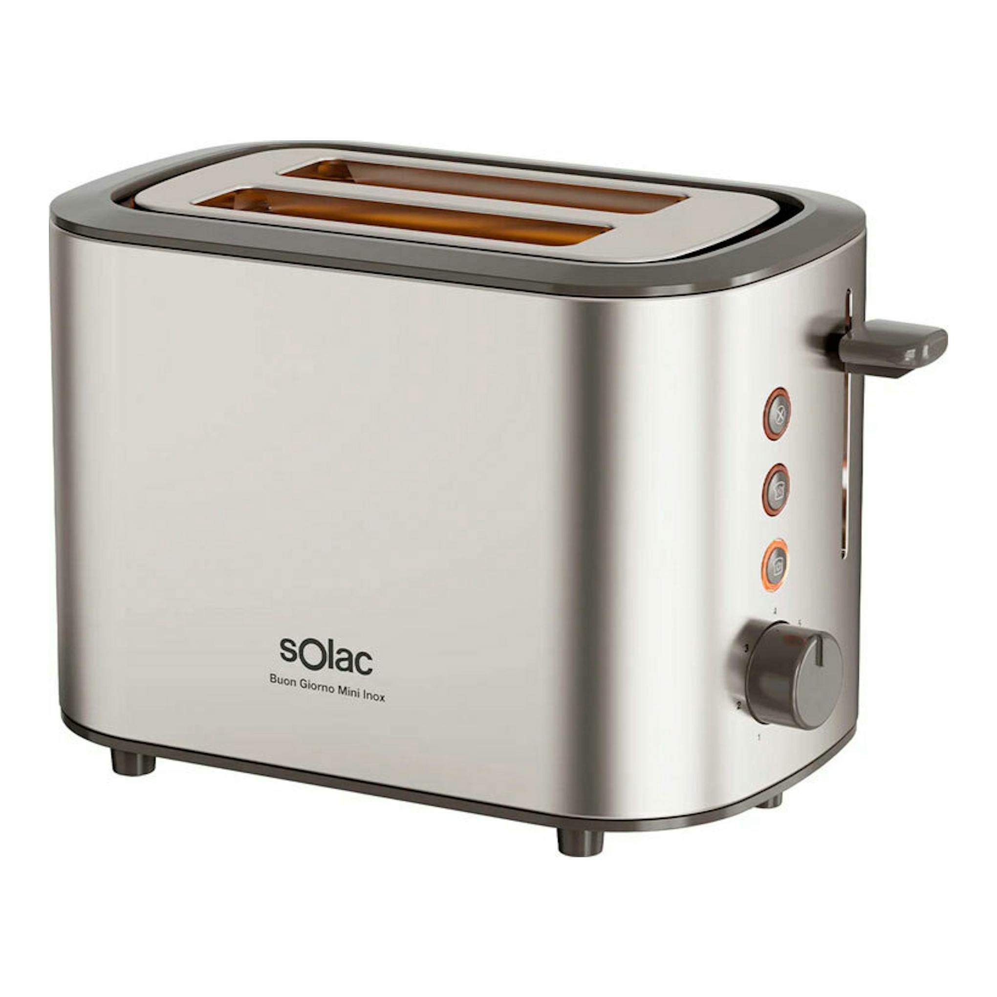 Tostador Solac TL5423 de acero inoxidable, vista 3/4 frontal, con dos ranuras y control lateral.