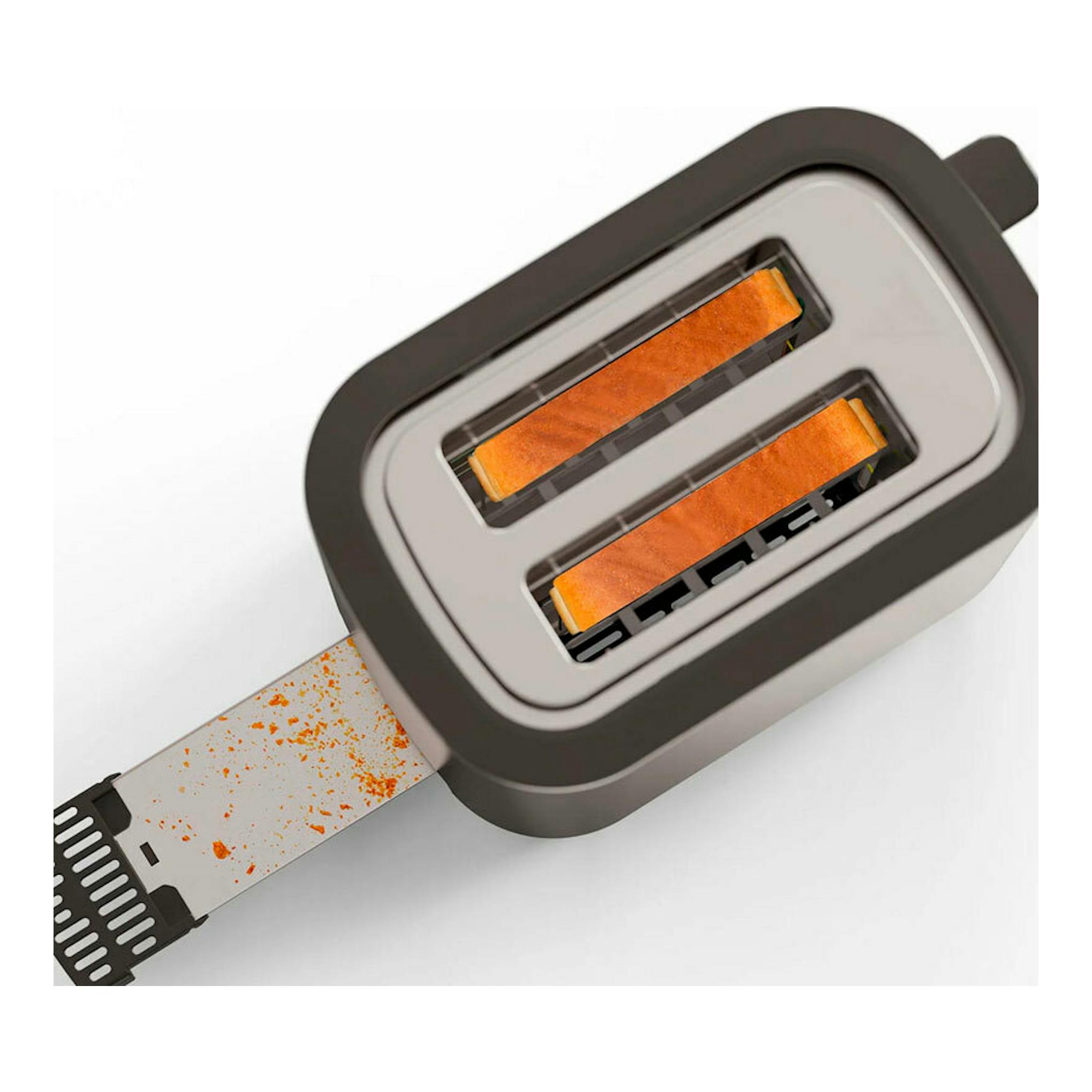 Tostador Solac TL5423 gris y negro, vista superior en ángulo, con dos rebanadas de pan tostándose.