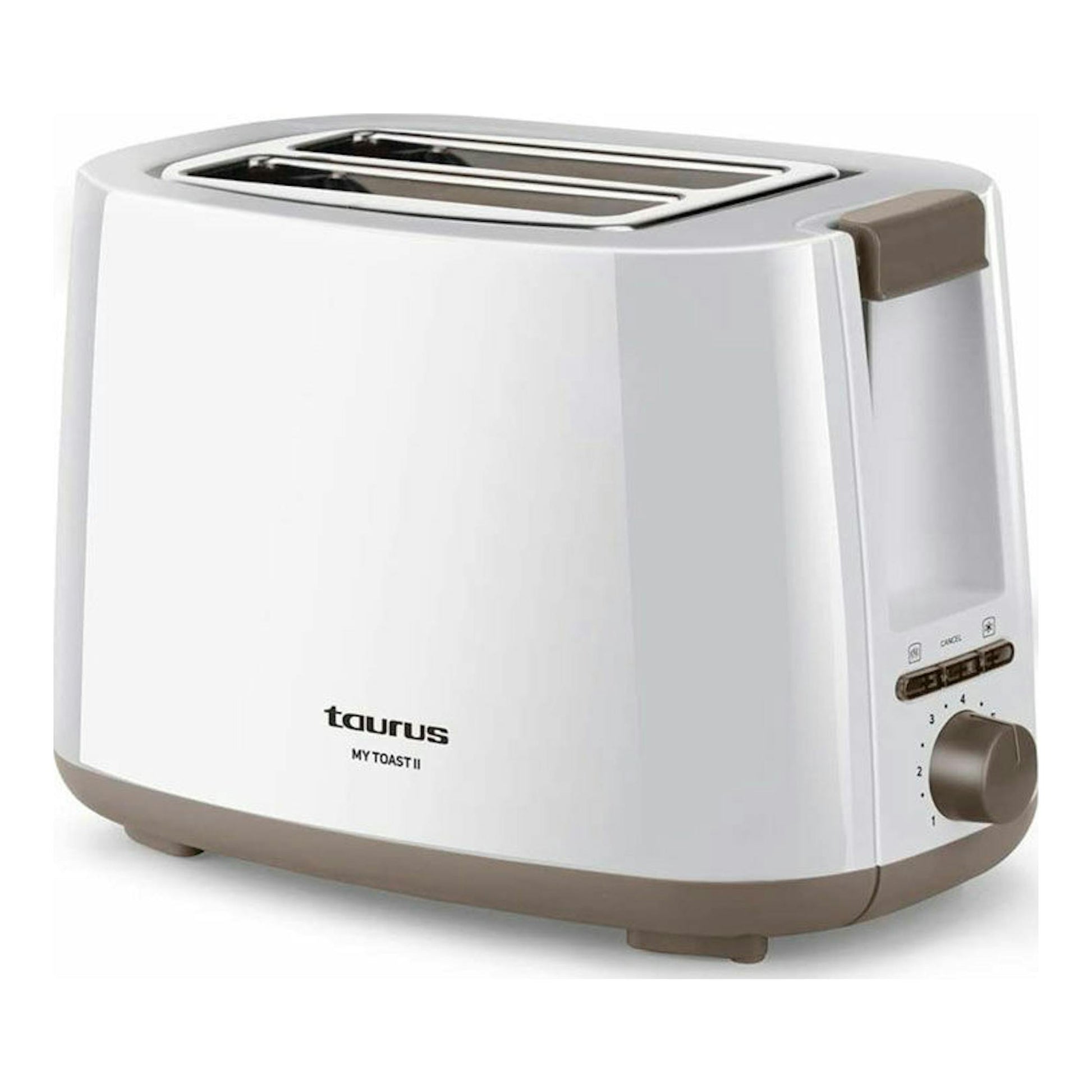 Tostador Taurus My Toast II blanco y beige, vista en tres cuartos con dos ranuras superiores y selector lateral.