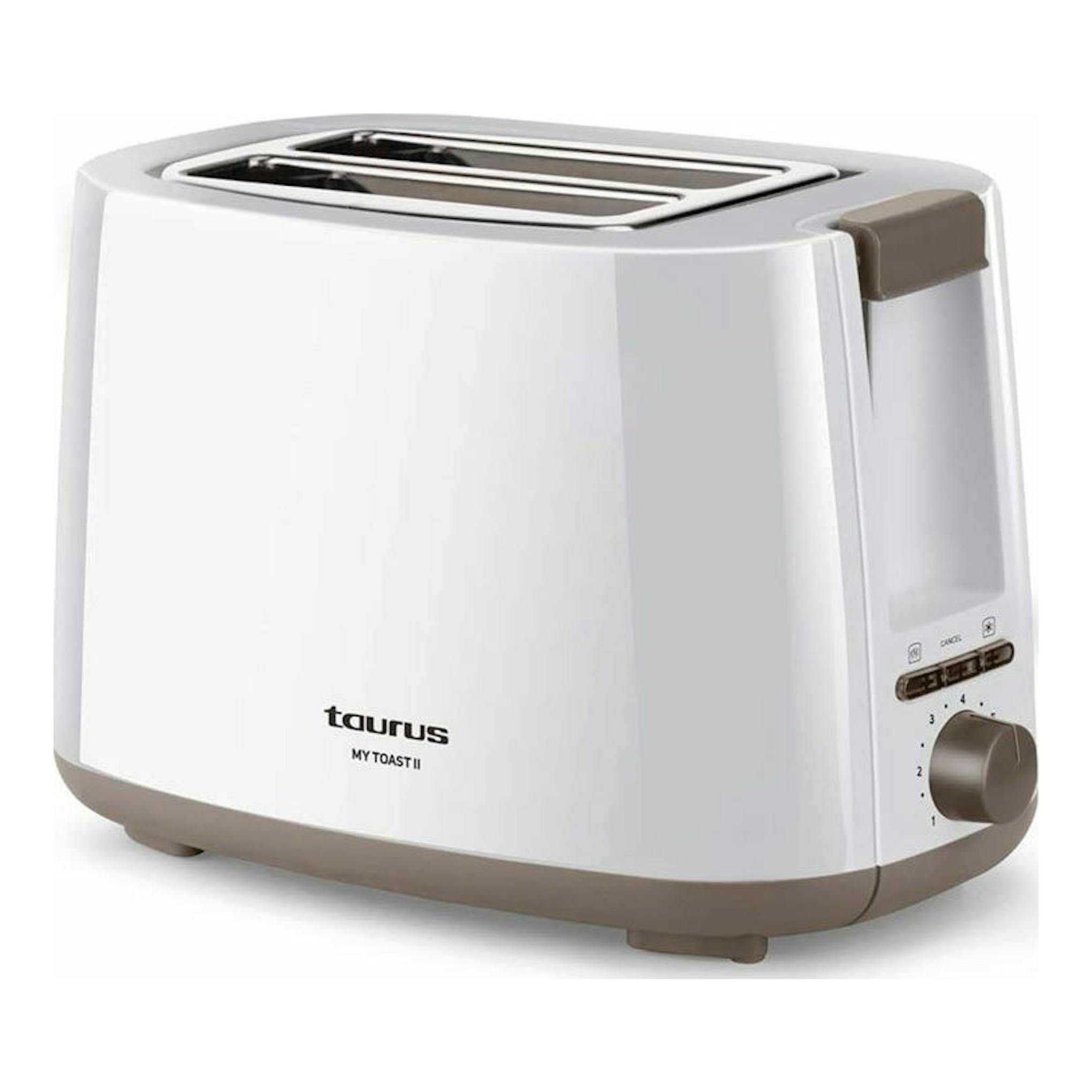Tostador Taurus My Toast II blanco y beige, vista en tres cuartos con dos ranuras superiores y selector lateral.