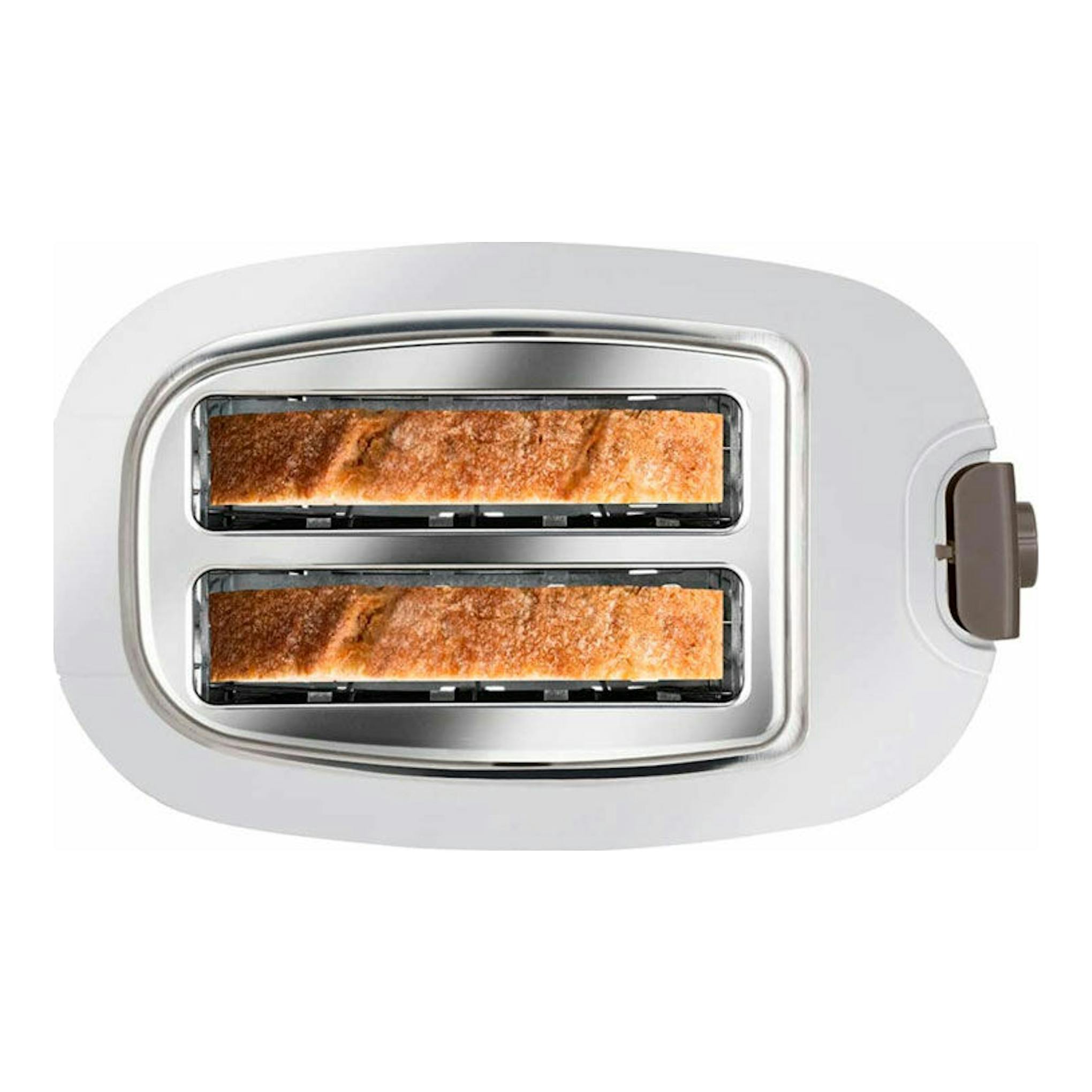Vista superior de tostador Taurus My Toast II blanco, con dos ranuras y dos tostadas en su interior.
