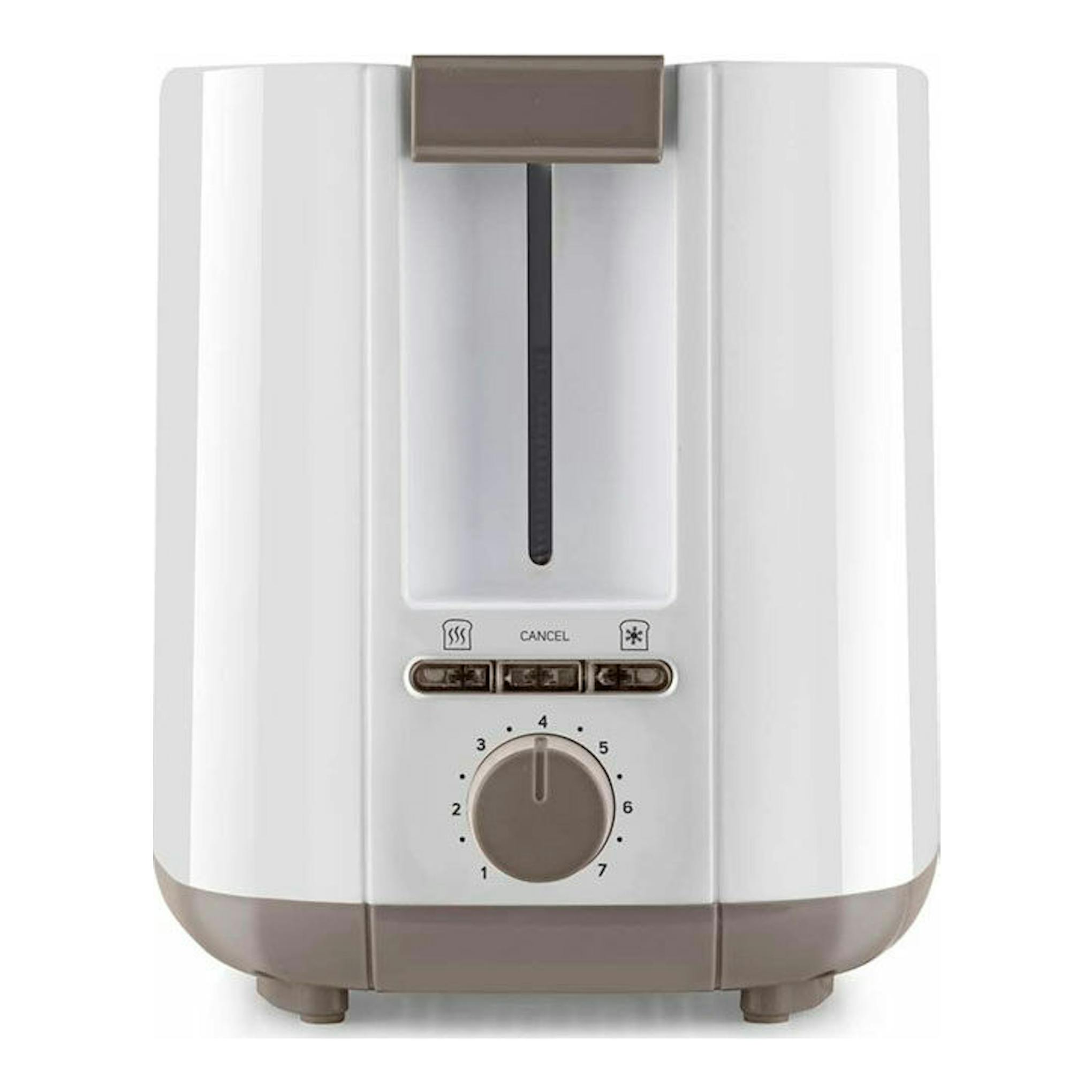 Tostador Taurus My Toast II blanco y beige, vista frontal, con ranura superior y selector giratorio.