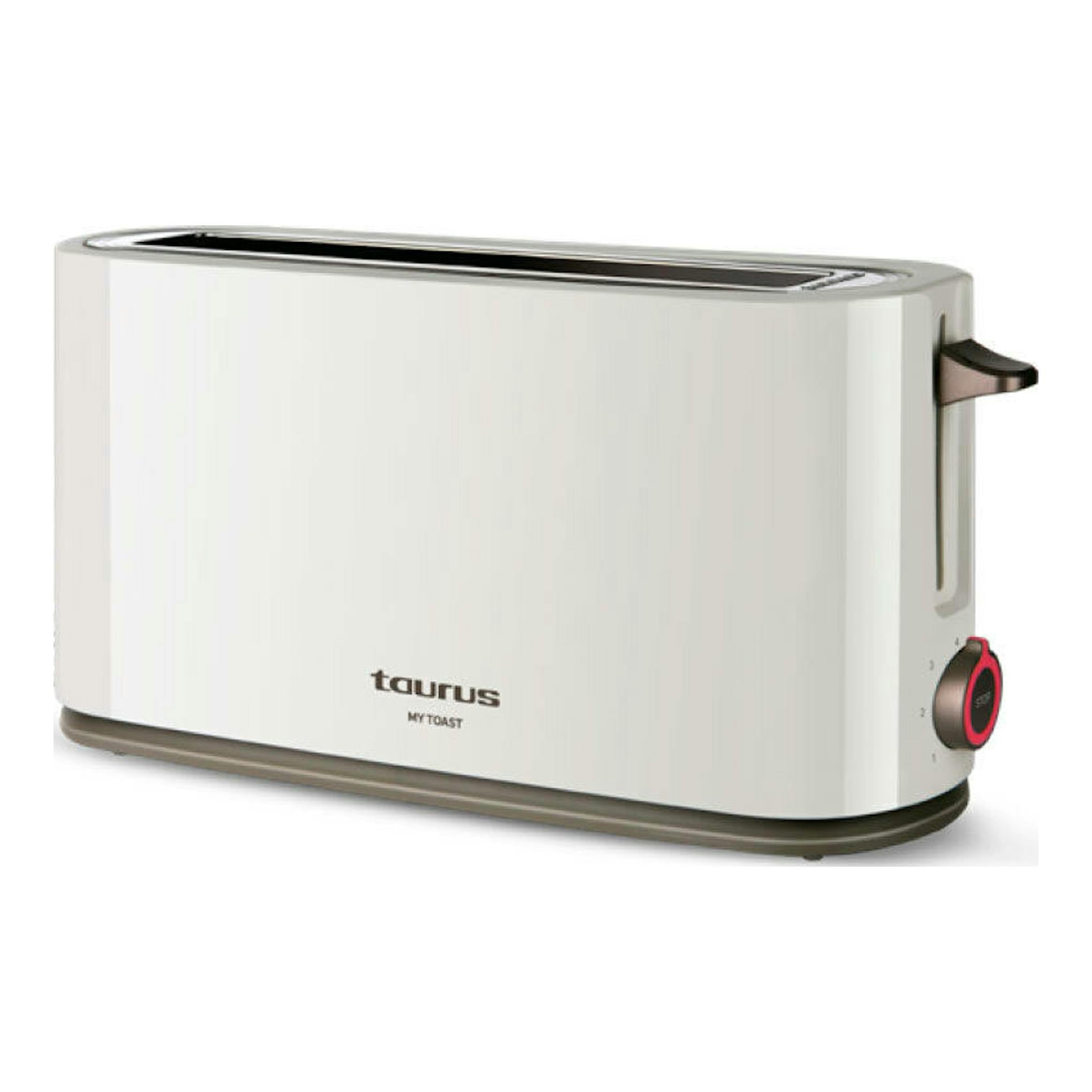 Tostador Taurus MyToast blanco, vista frontal en ángulo, con ranura superior, palanca lateral y mando derecho.