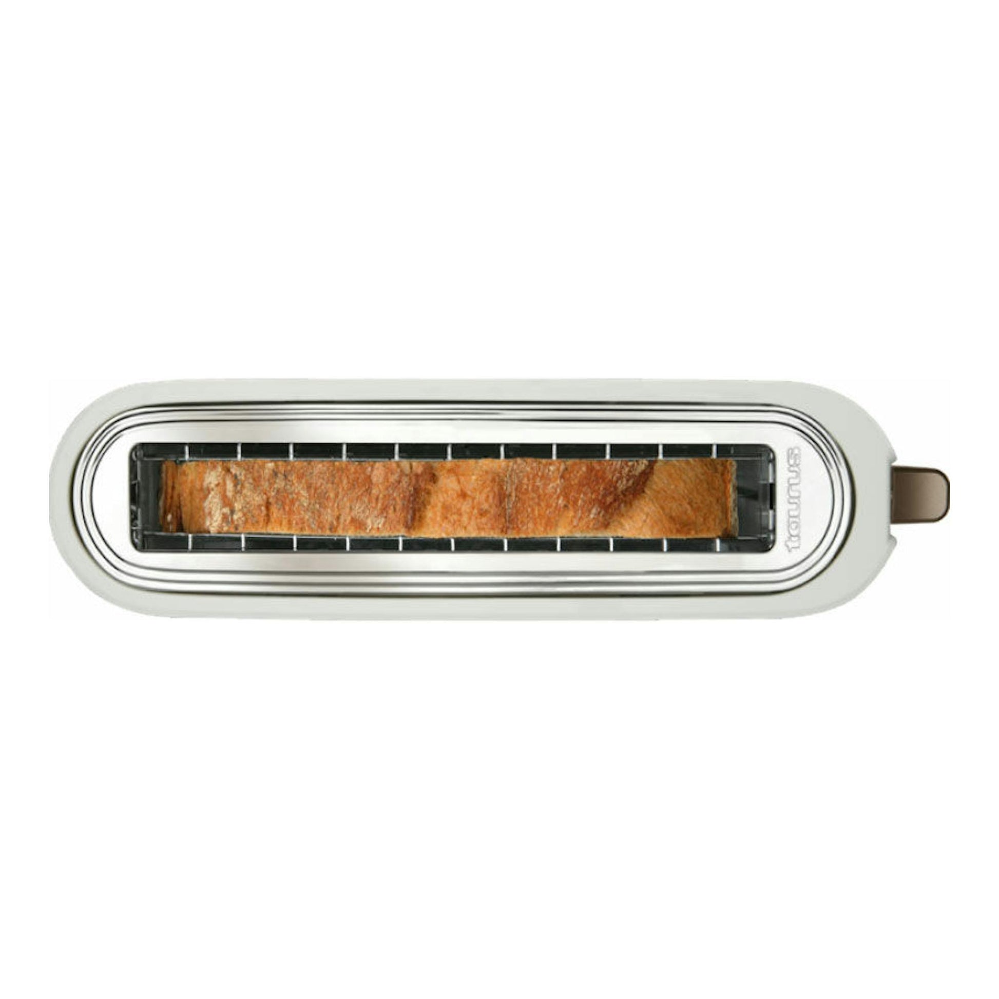 Tostador Taurus MyToast blanco, vista superior, con una rebanada de pan tostándose.