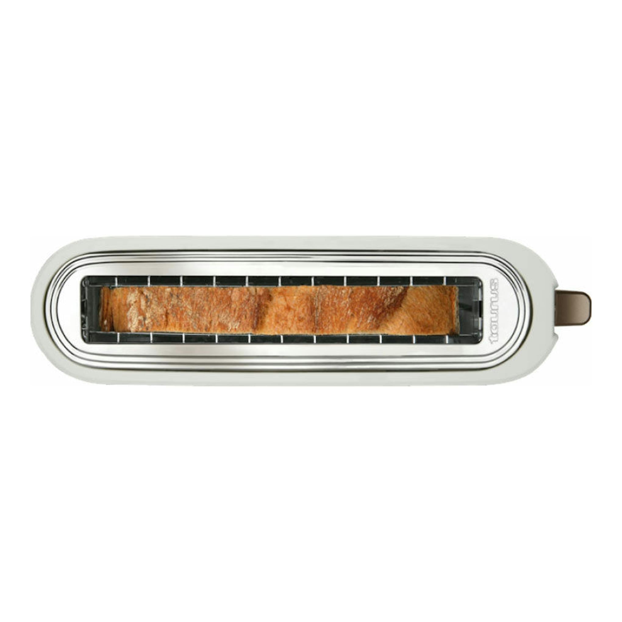 Tostador Taurus MyToast blanco, vista superior, con una rebanada de pan tostándose.